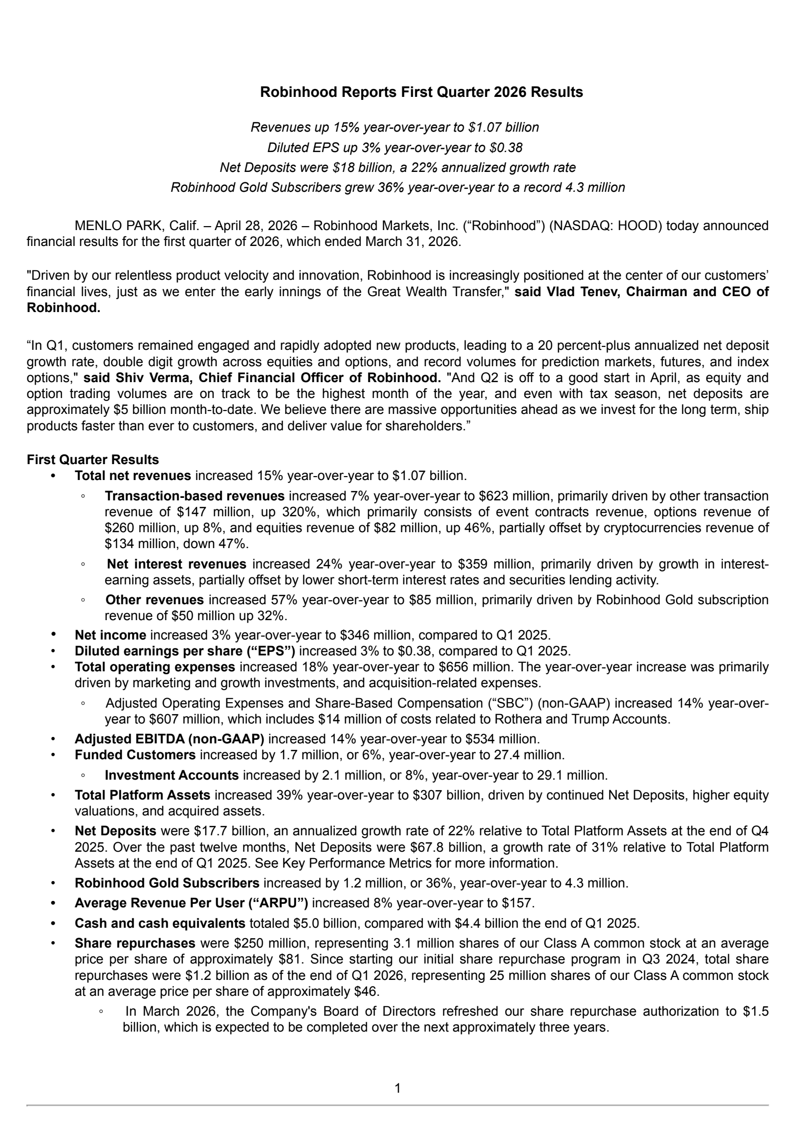 Robinhood Markets' Q1 2026 Press Release
