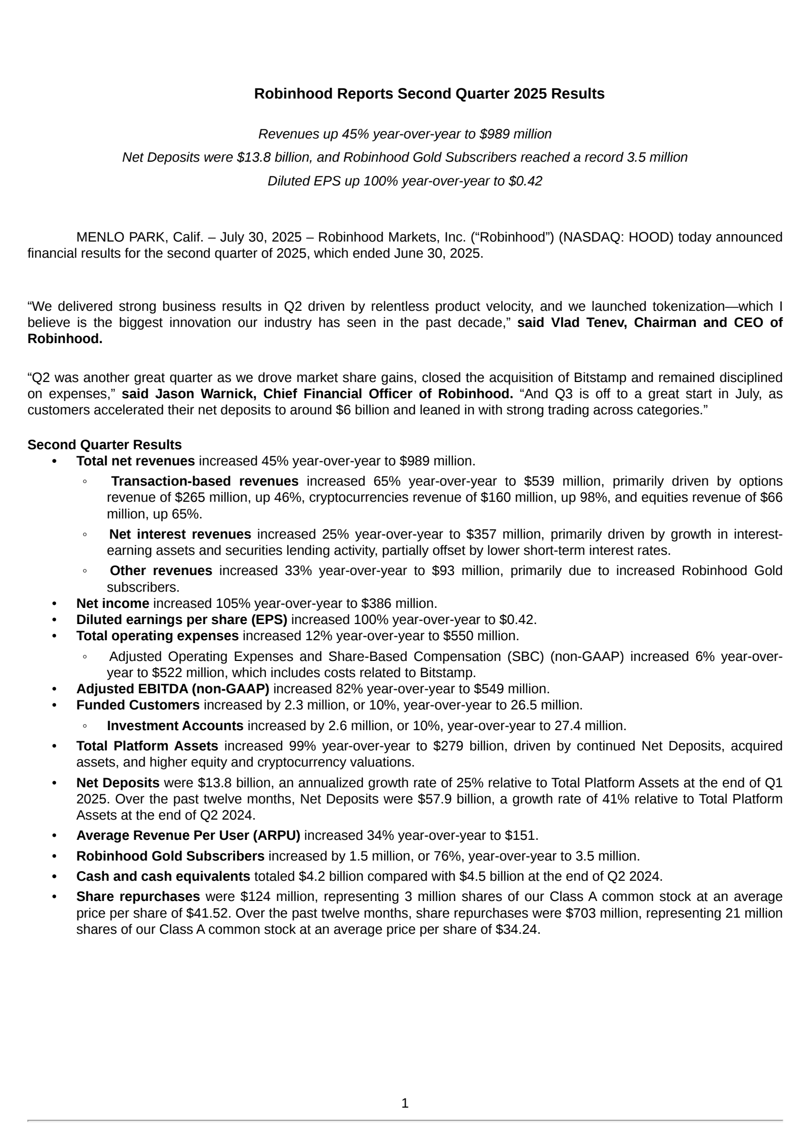 Robinhood Markets' Q2 2025 Press Release