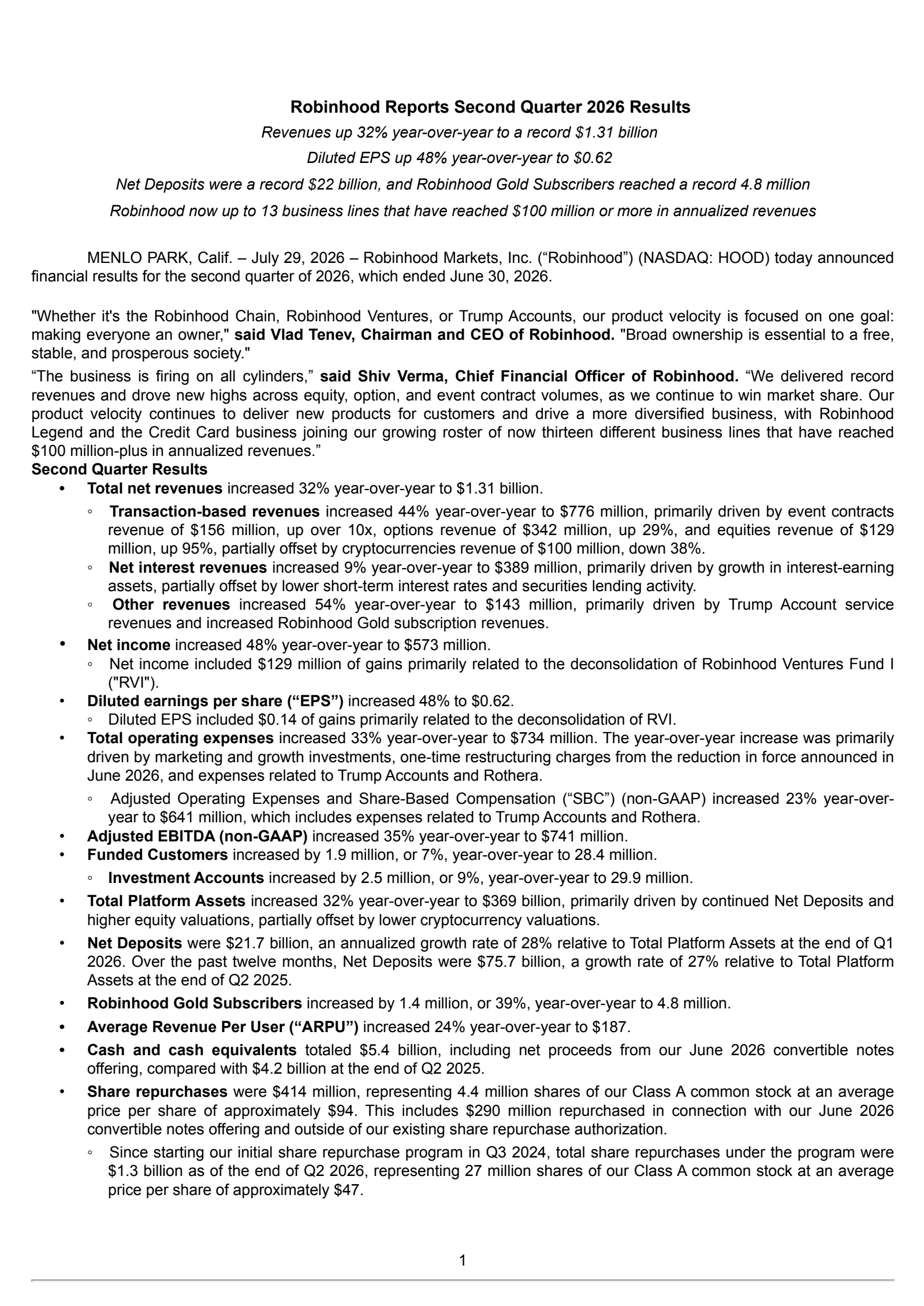 Robinhood Markets' Q2 2026 Press Release