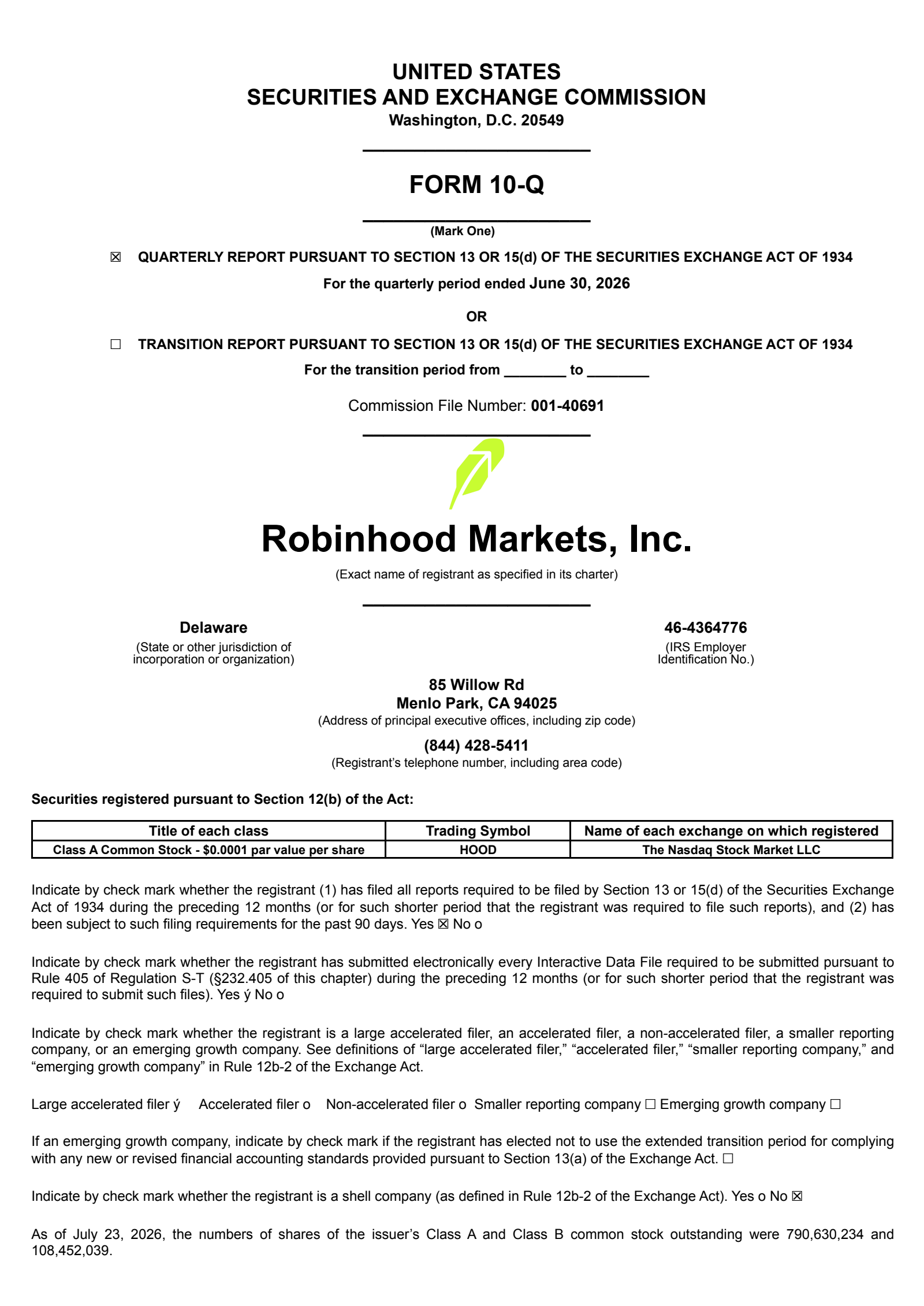 Robinhood Markets' Q2 2026 Quarterly report