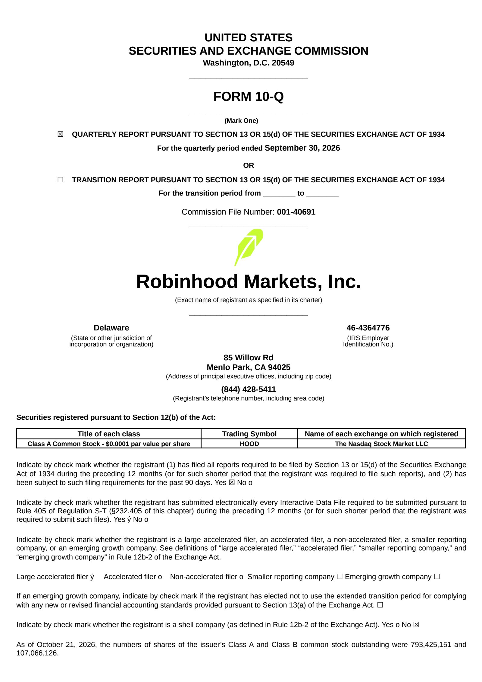Robinhood Markets' Q3 2026 Quarterly report