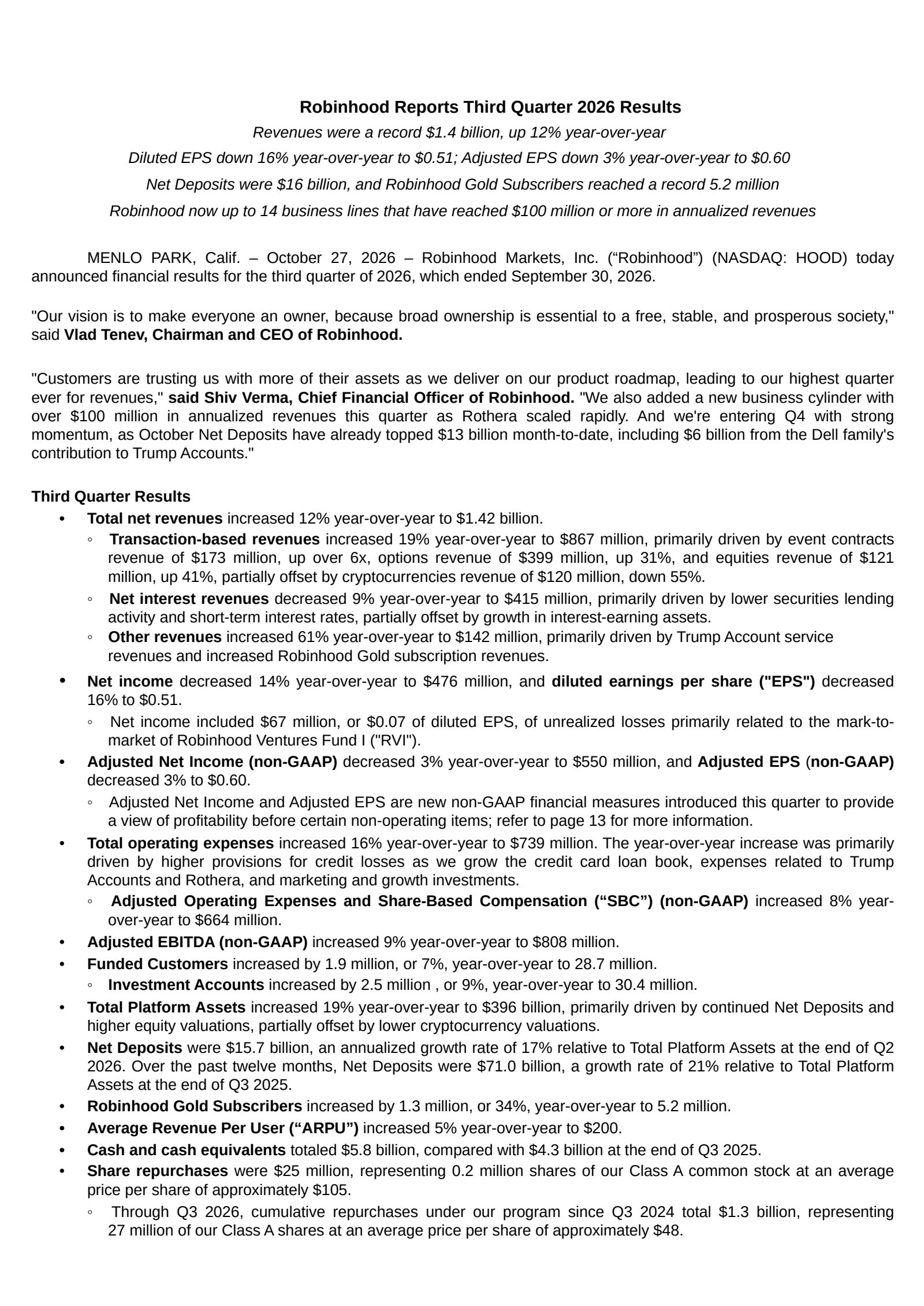 Robinhood Markets' Q3 2026 Press Release