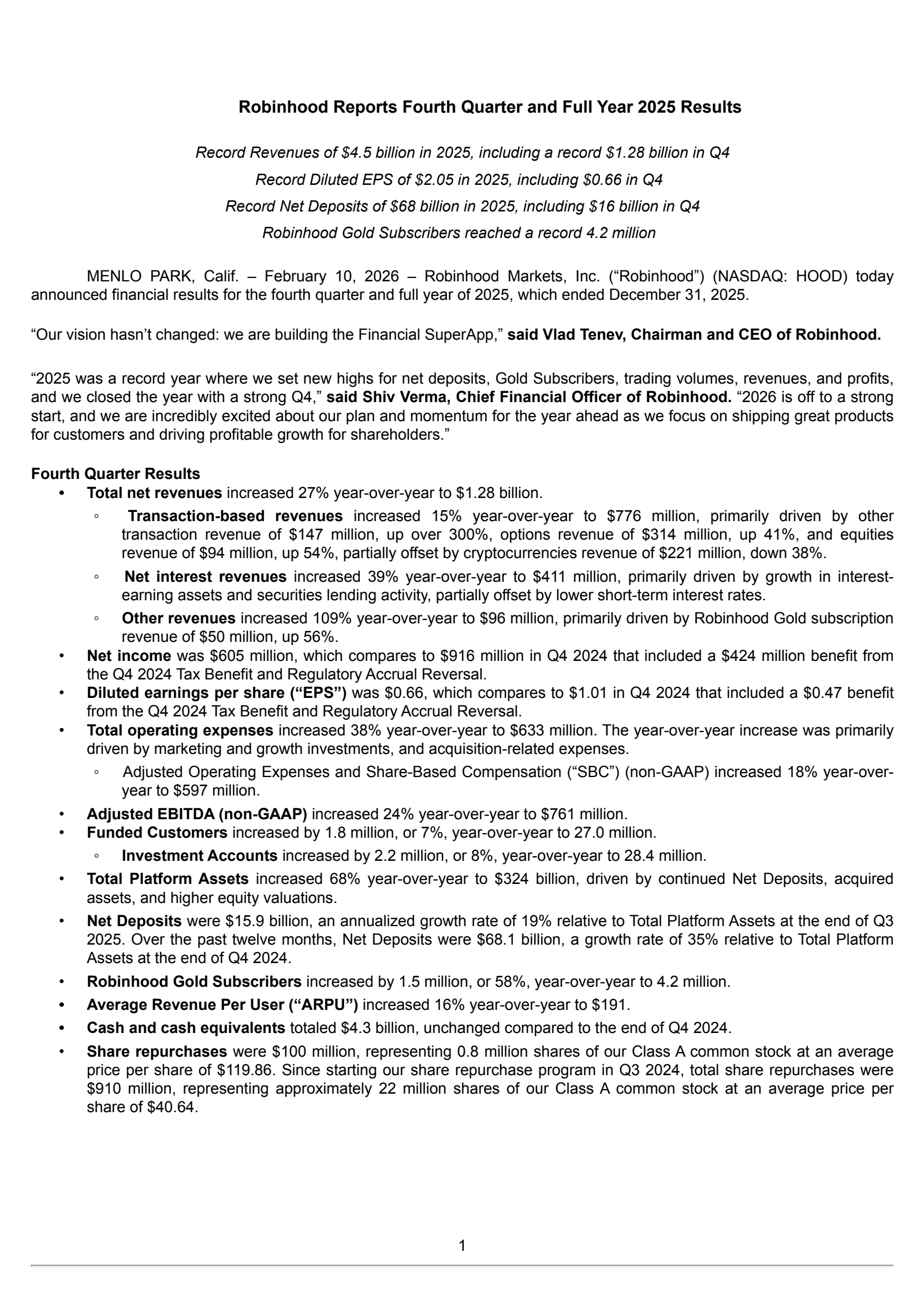 Robinhood Markets' Q4 2025 Press Release