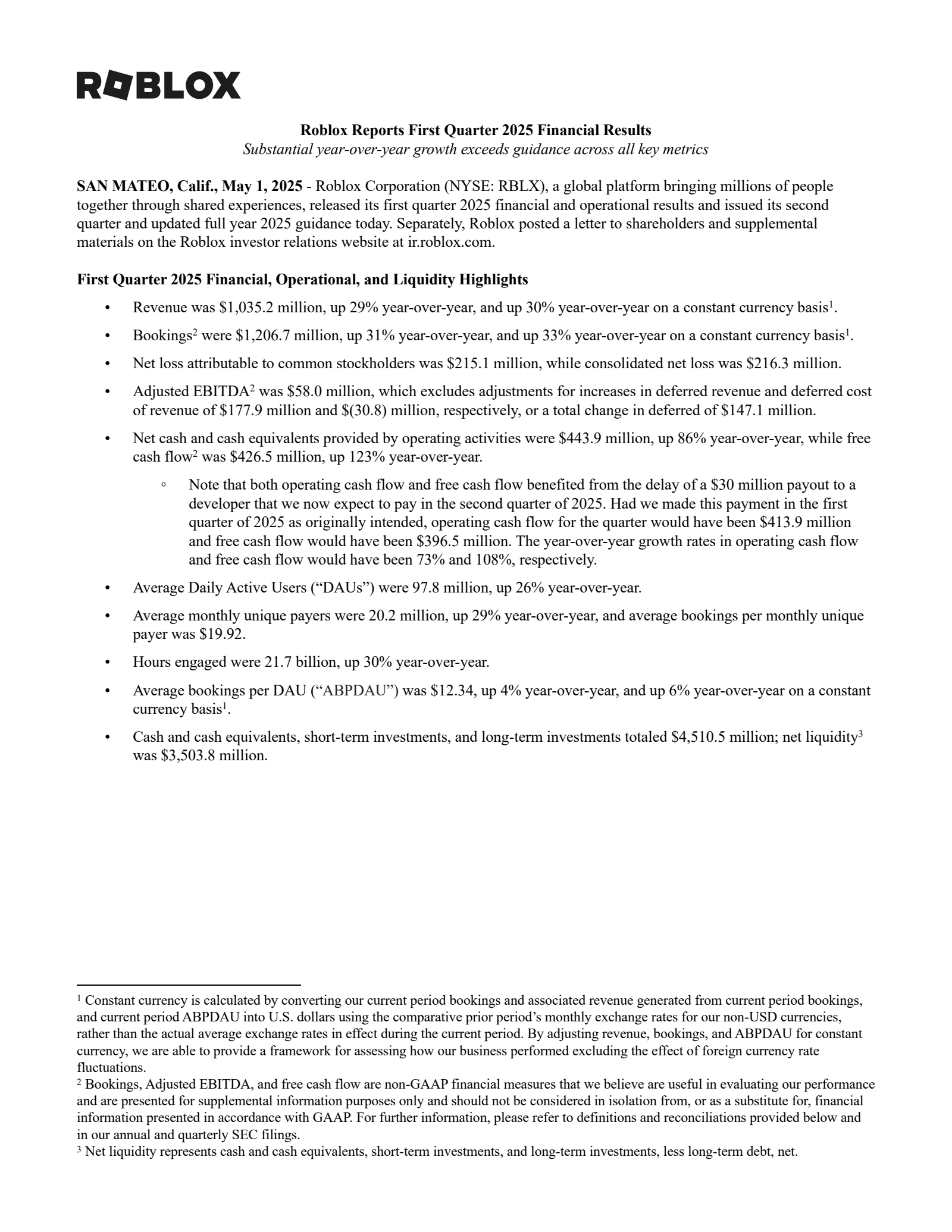 Roblox's Q1 2025 Earnings Release