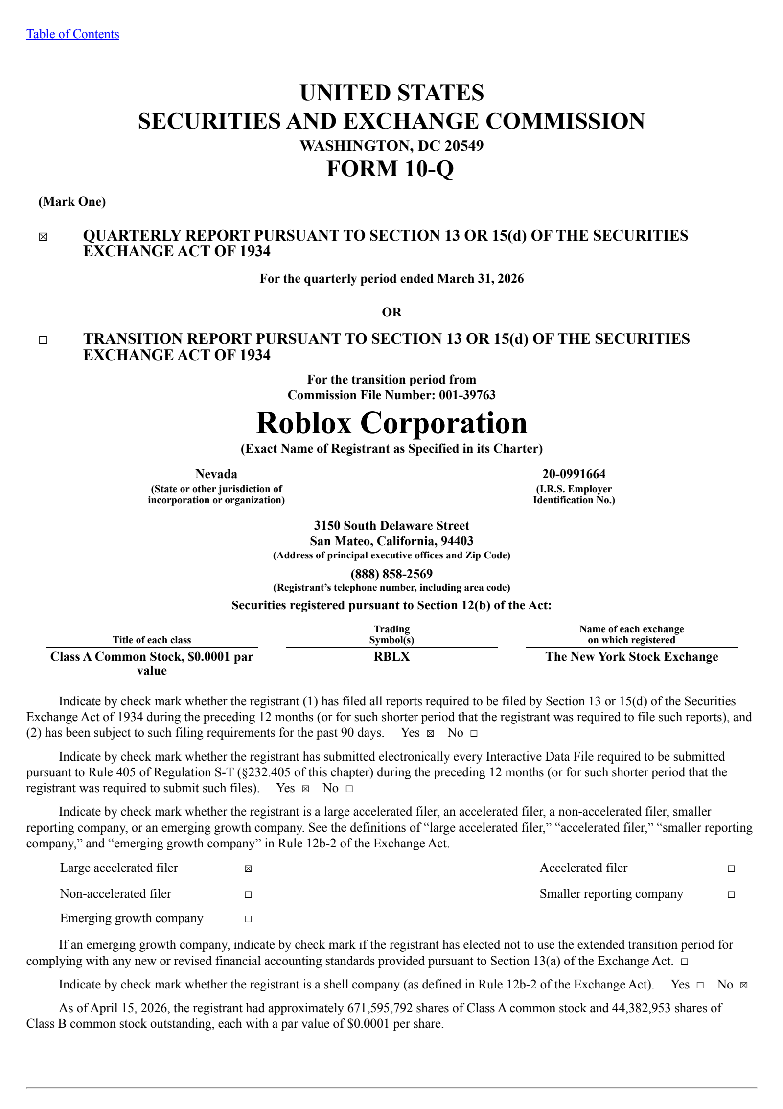 Roblox's Q1 2026 Quarterly report