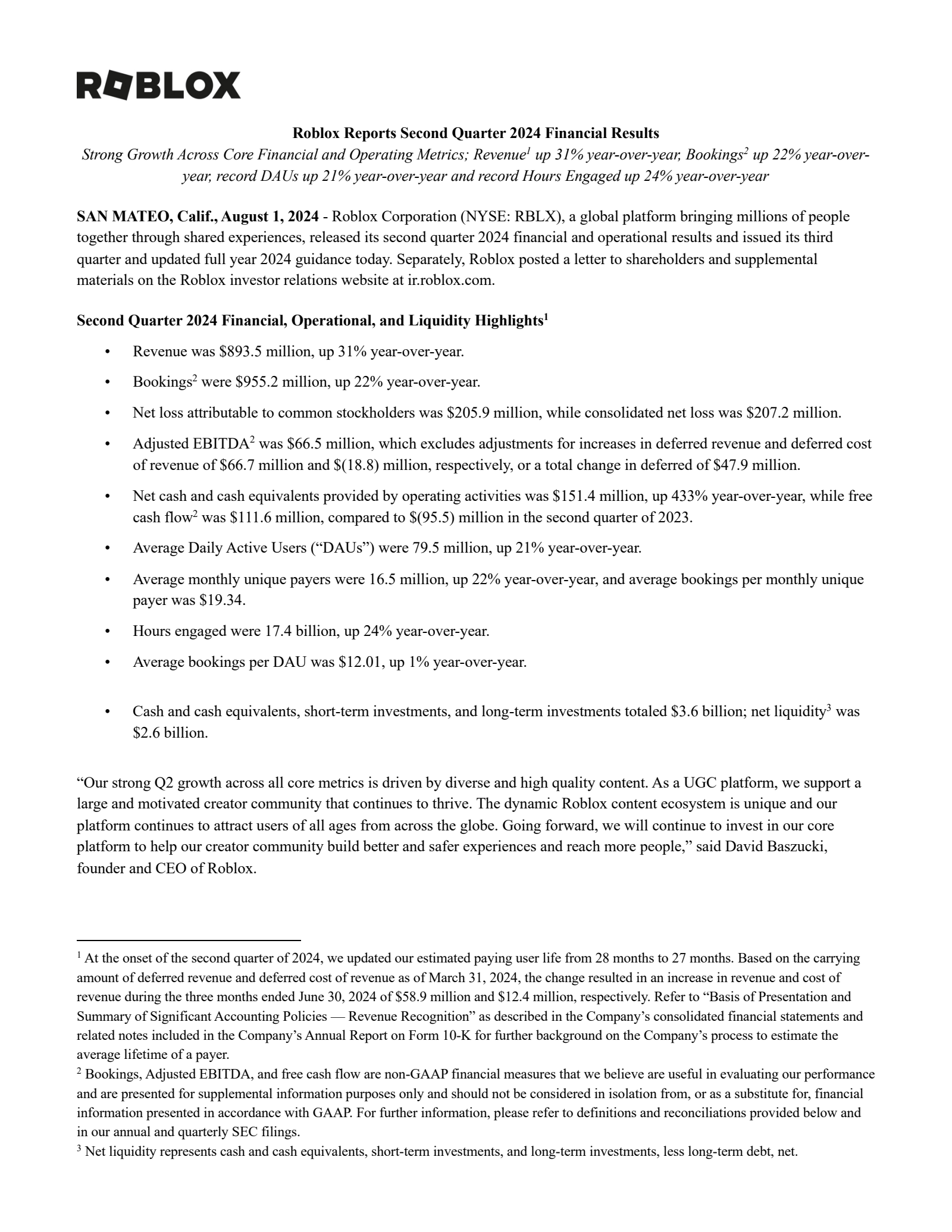 Roblor R Roblox (RBLX) Q2 2024 Earnings Results & Call Transcript