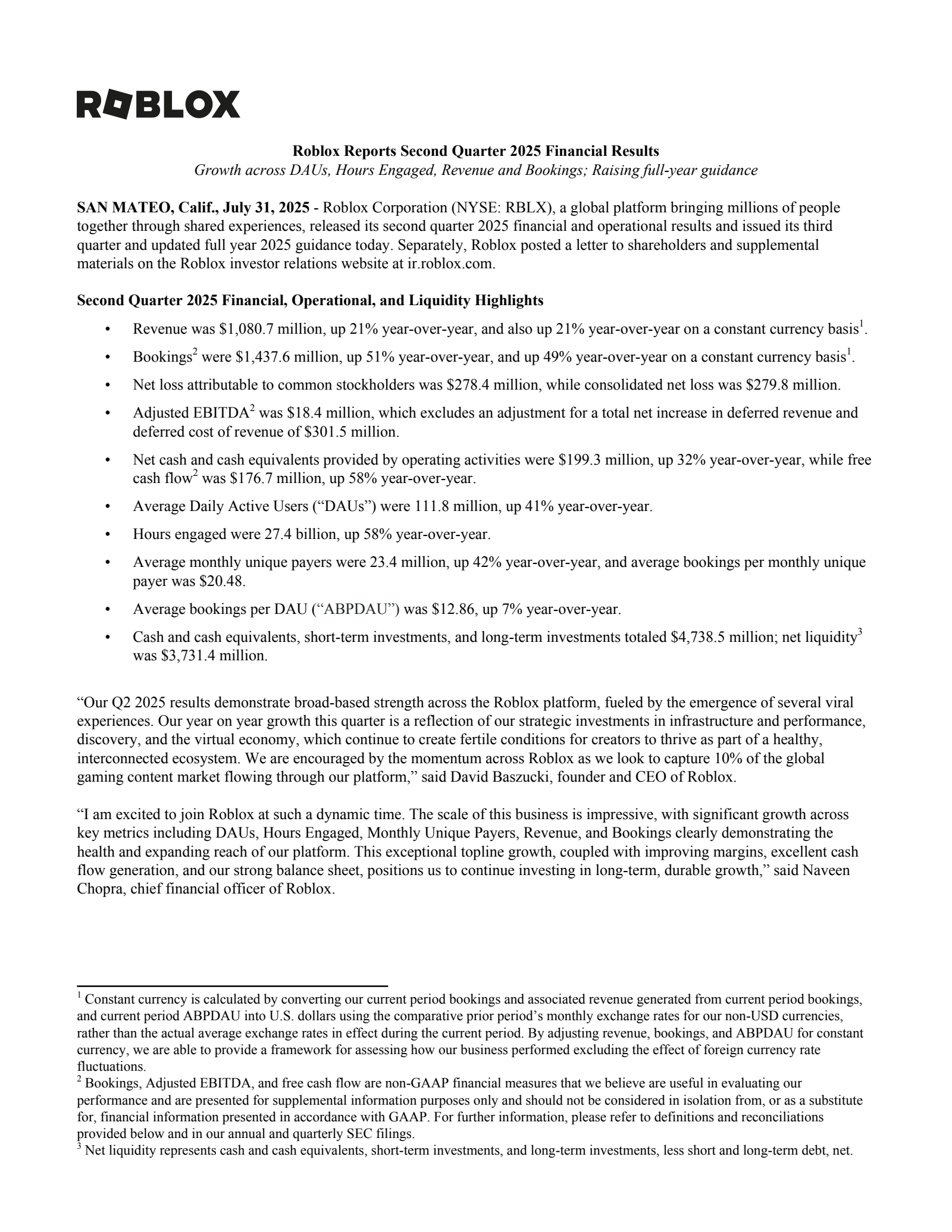 Roblox's Q2 2025 Press Release