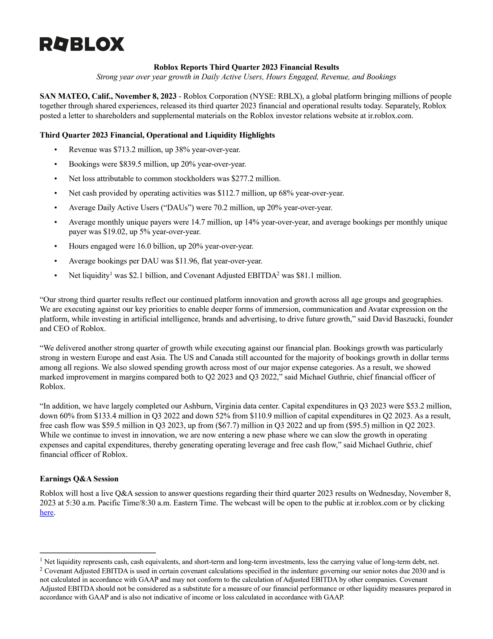Roblox's Q3 2023 Earnings Release