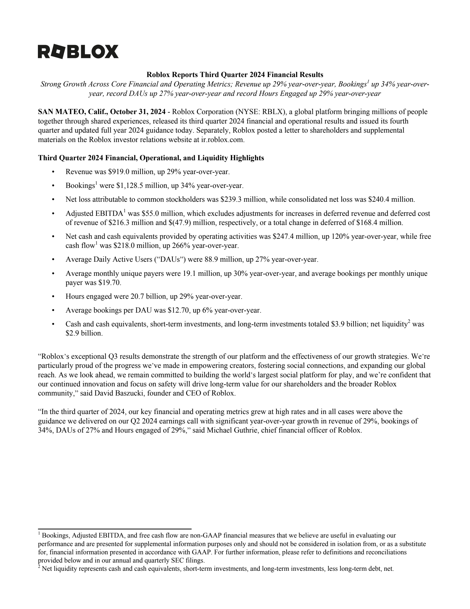 Roblox's Q3 2024 Earnings Release