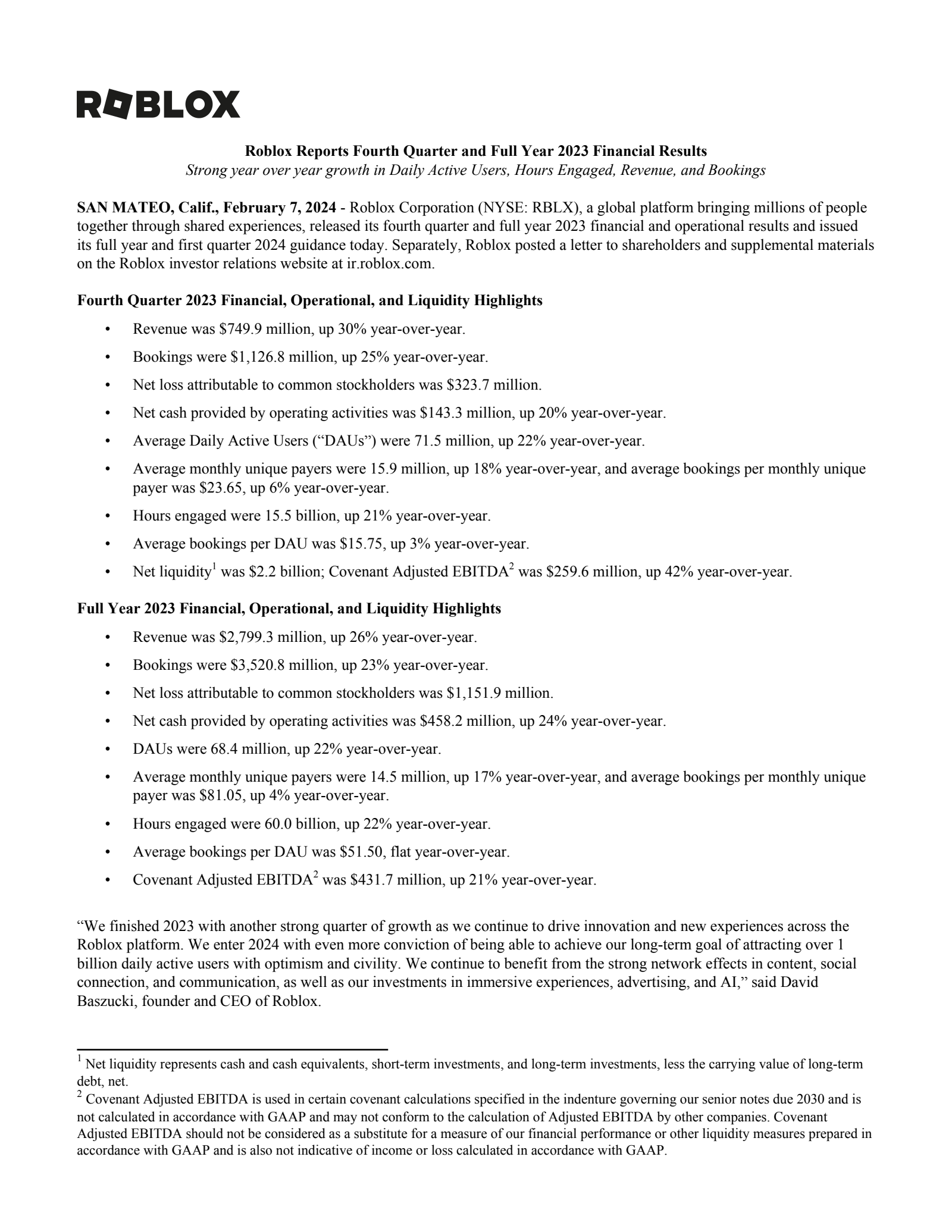 Roblox's Q4 2023 Earnings Release