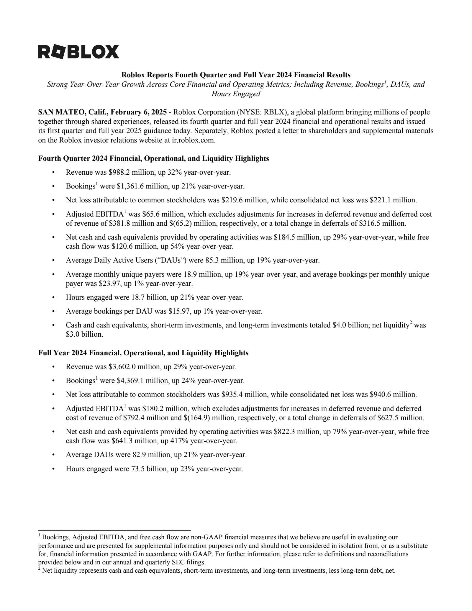 Roblox's Q4 2024 Earnings Release