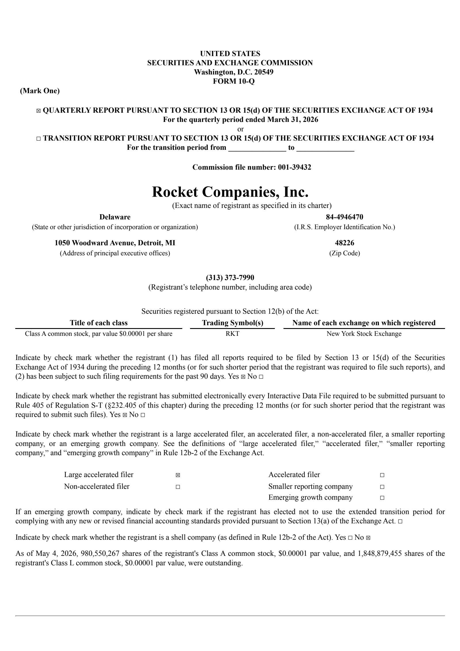 Rocket Companies' Q1 2026 Quarterly report