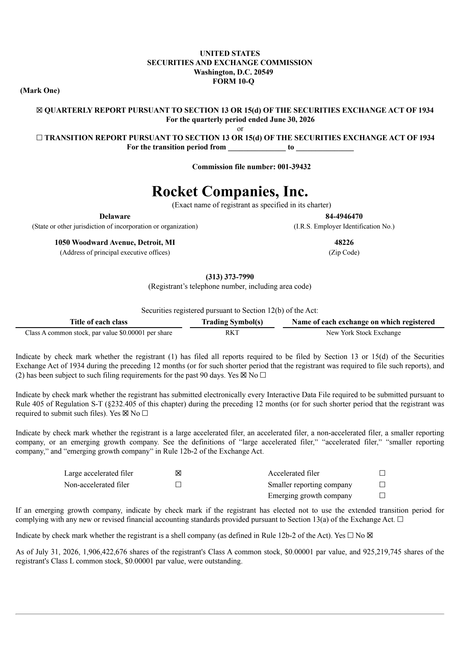 Rocket Companies' Q2 2026 Quarterly report