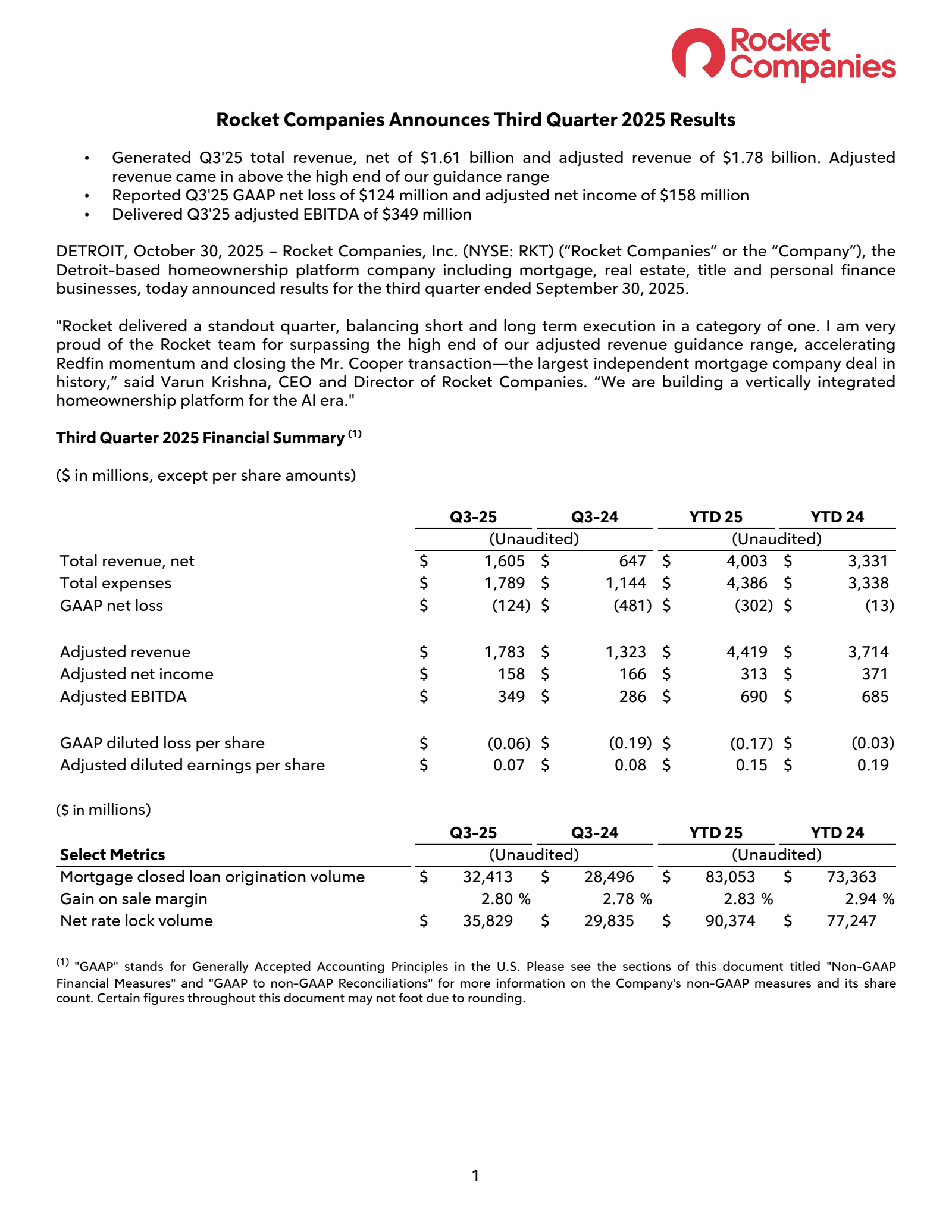 Rocket Companies' Q3 2025 Earnings Release