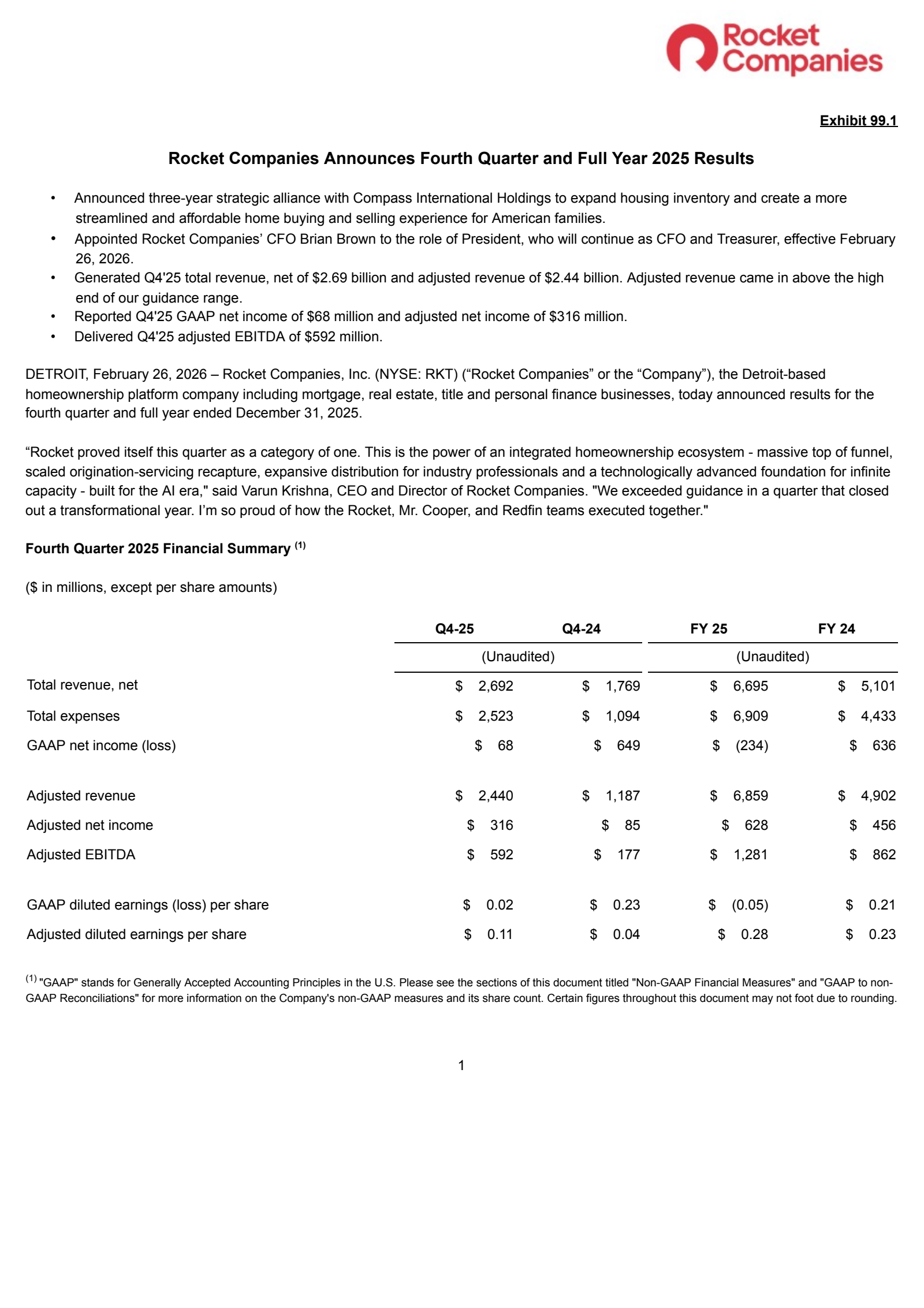 Rocket Companies' Q4 2025 Press Release