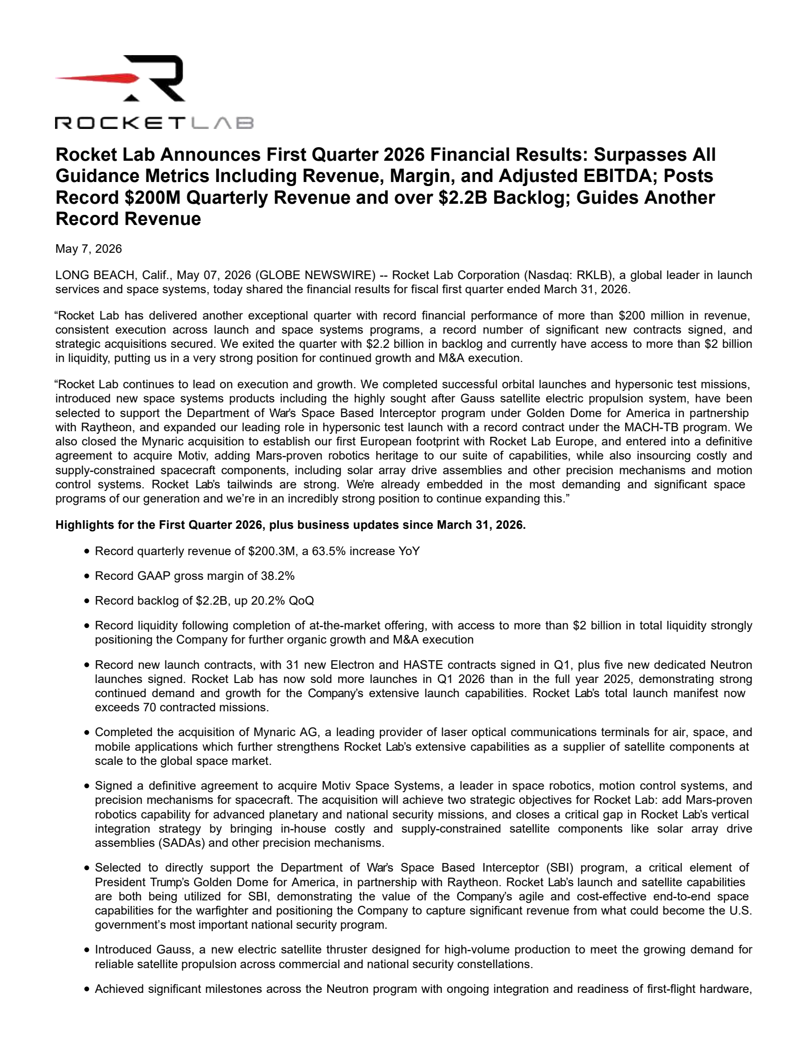 Rocket Lab's Q1 2026 Press Release