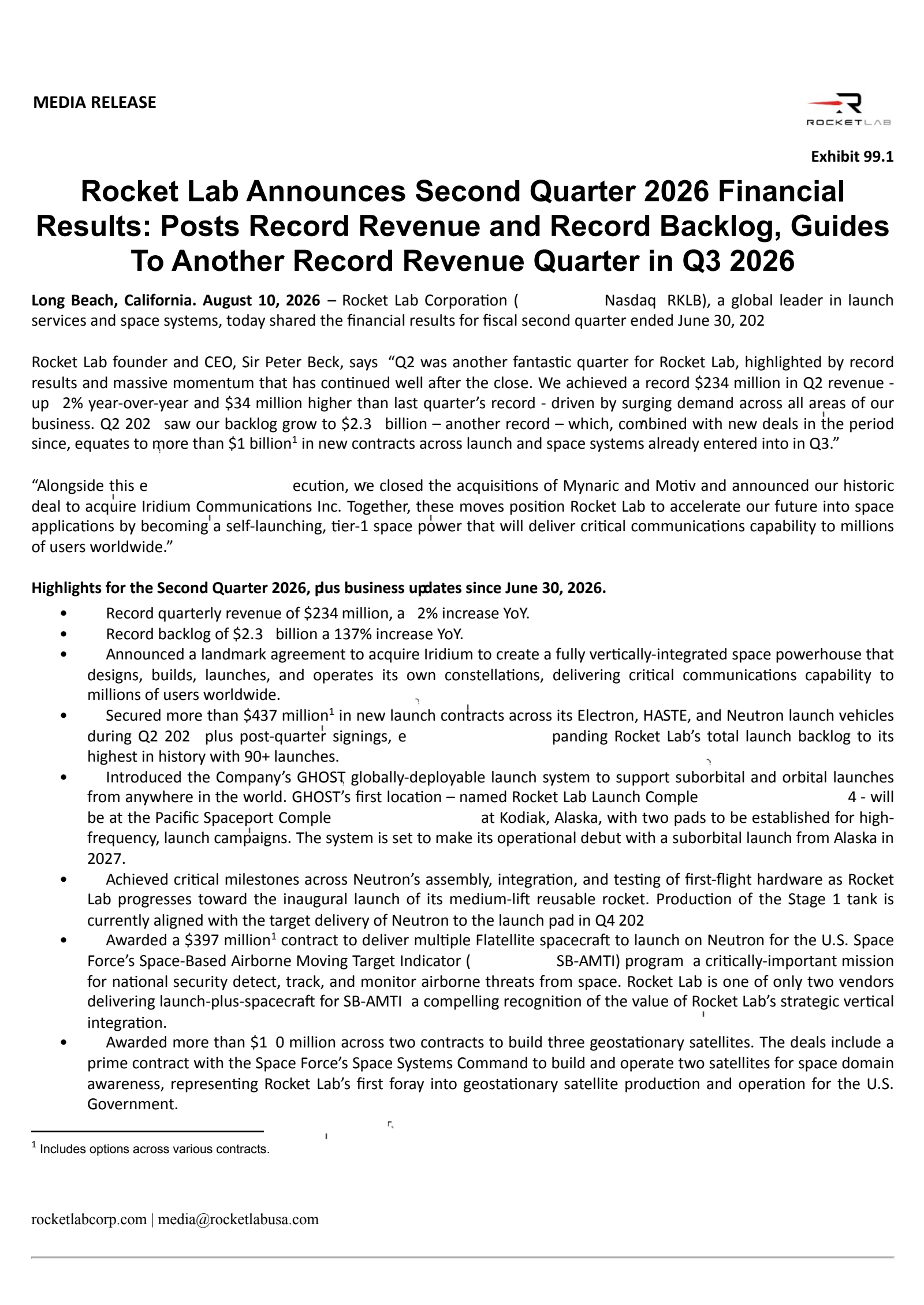 Rocket Lab's Q2 2026 Press Release