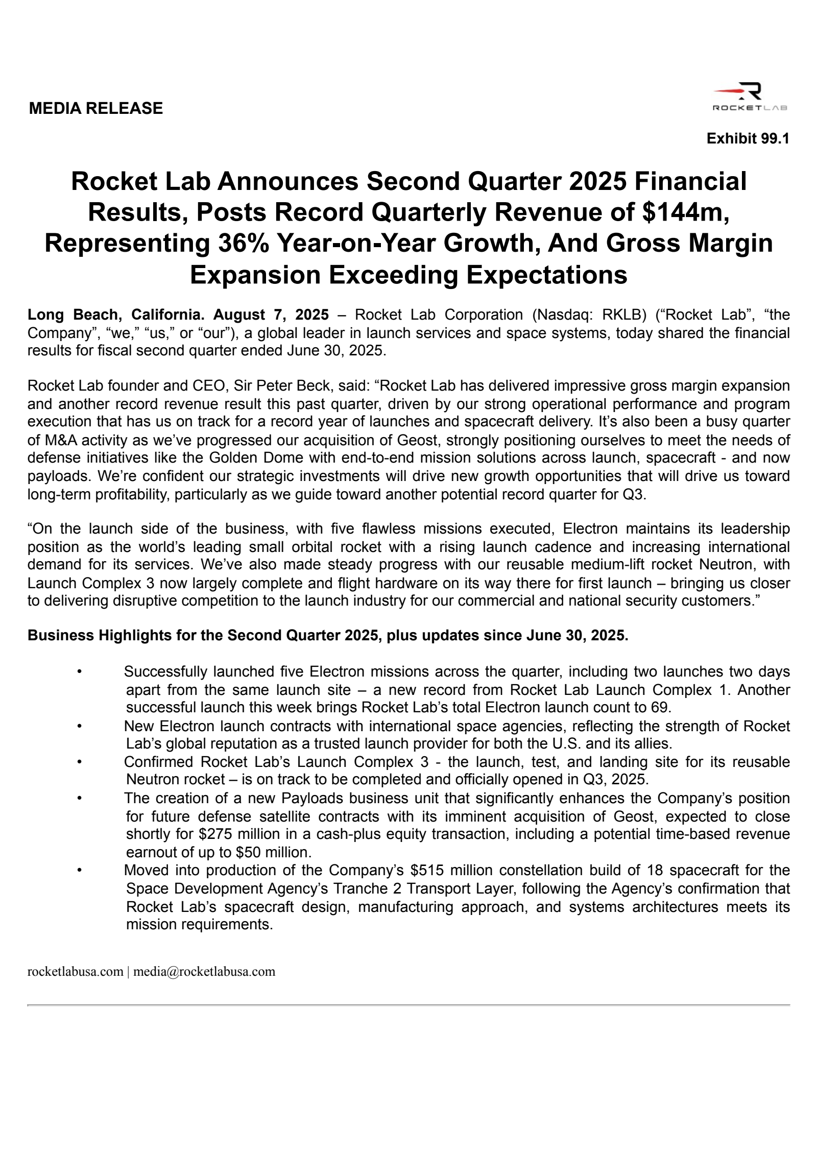 Rocket Lab's Q2 2025 Press Release