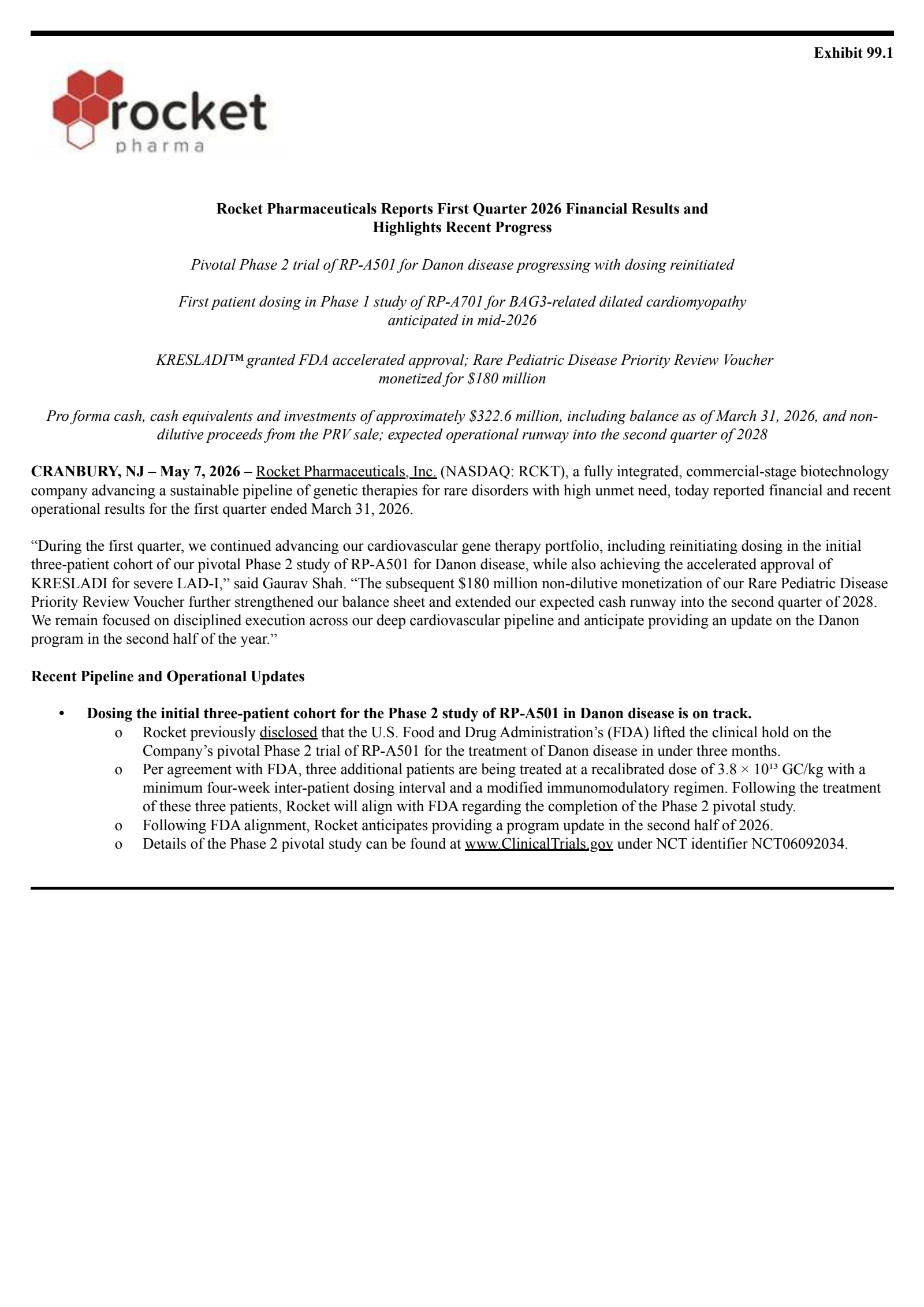 Rocket Pharmaceuticals' Q1 2026 Press Release