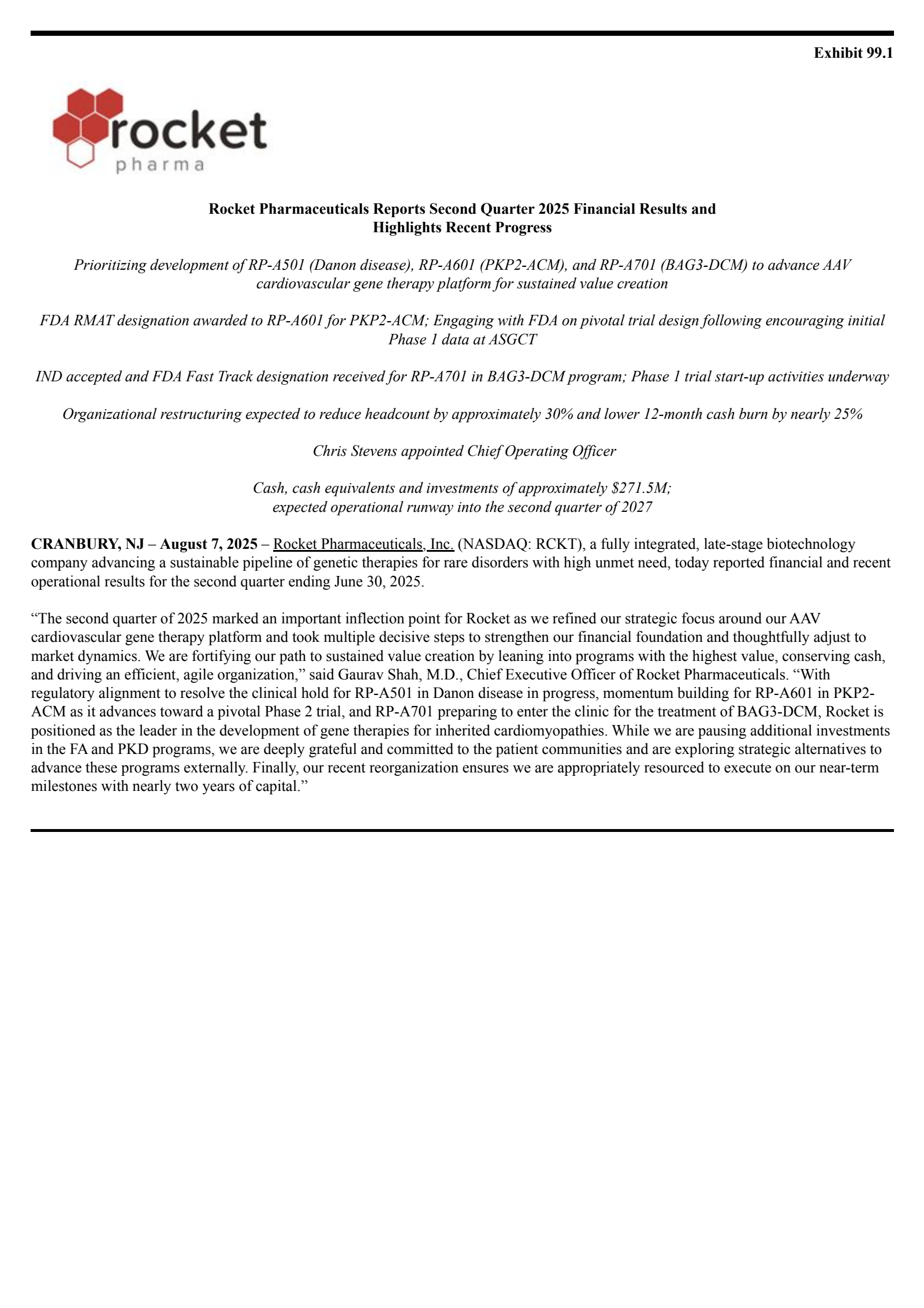 Rocket Pharmaceuticals' Q2 2025 Press Release