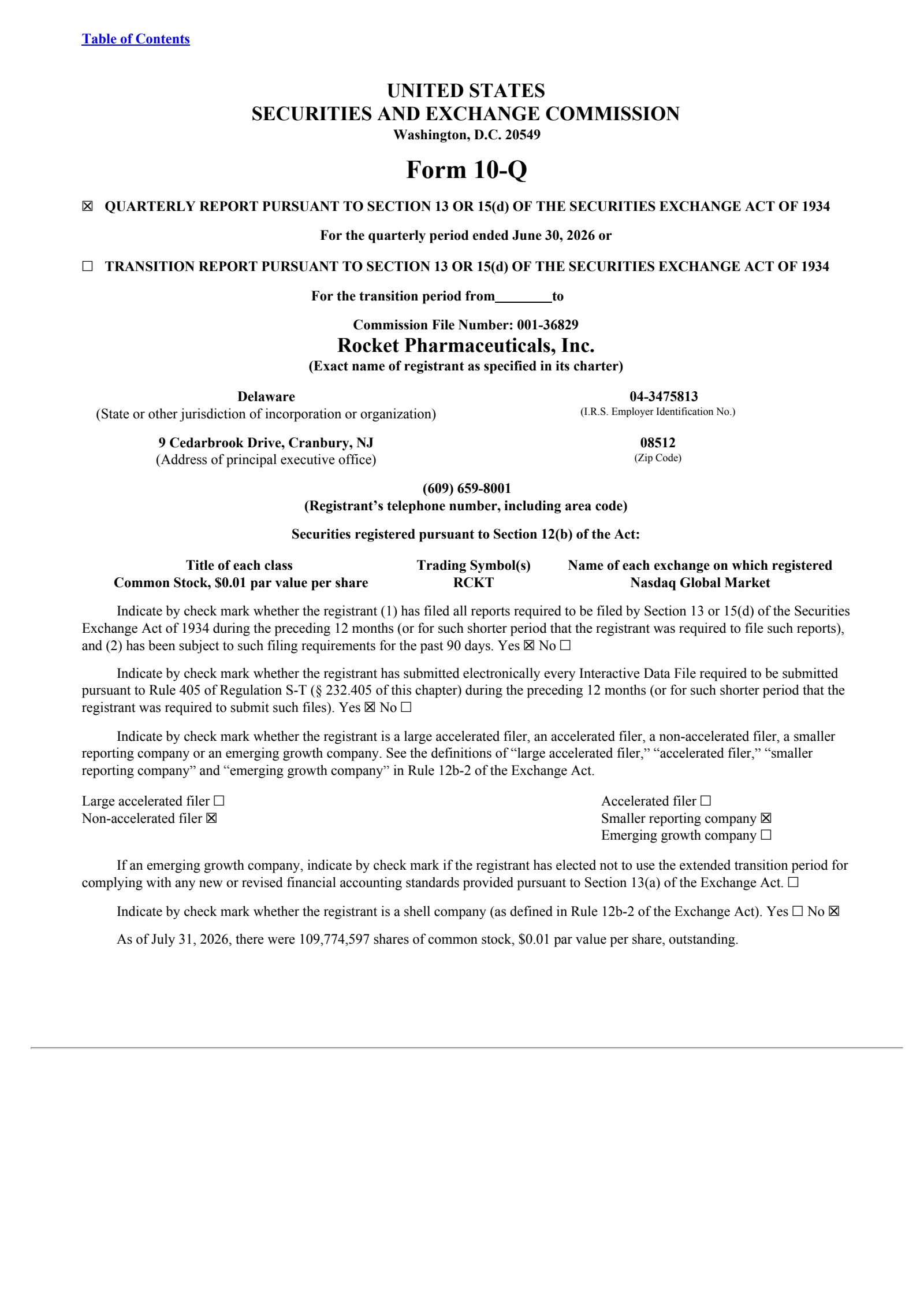 Rocket Pharmaceuticals' Q2 2026 Quarterly report