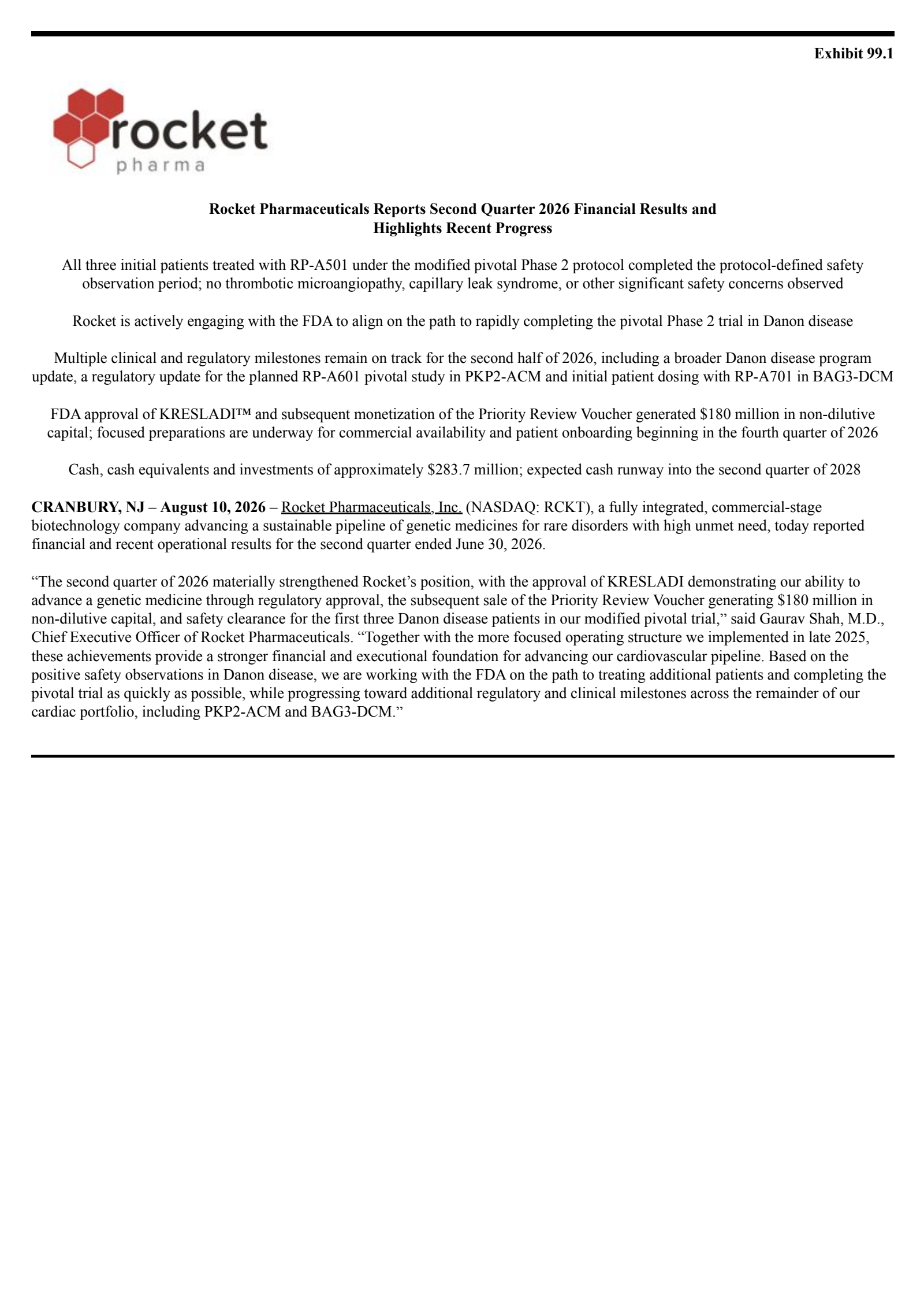 Rocket Pharmaceuticals' Q2 2026 Press Release