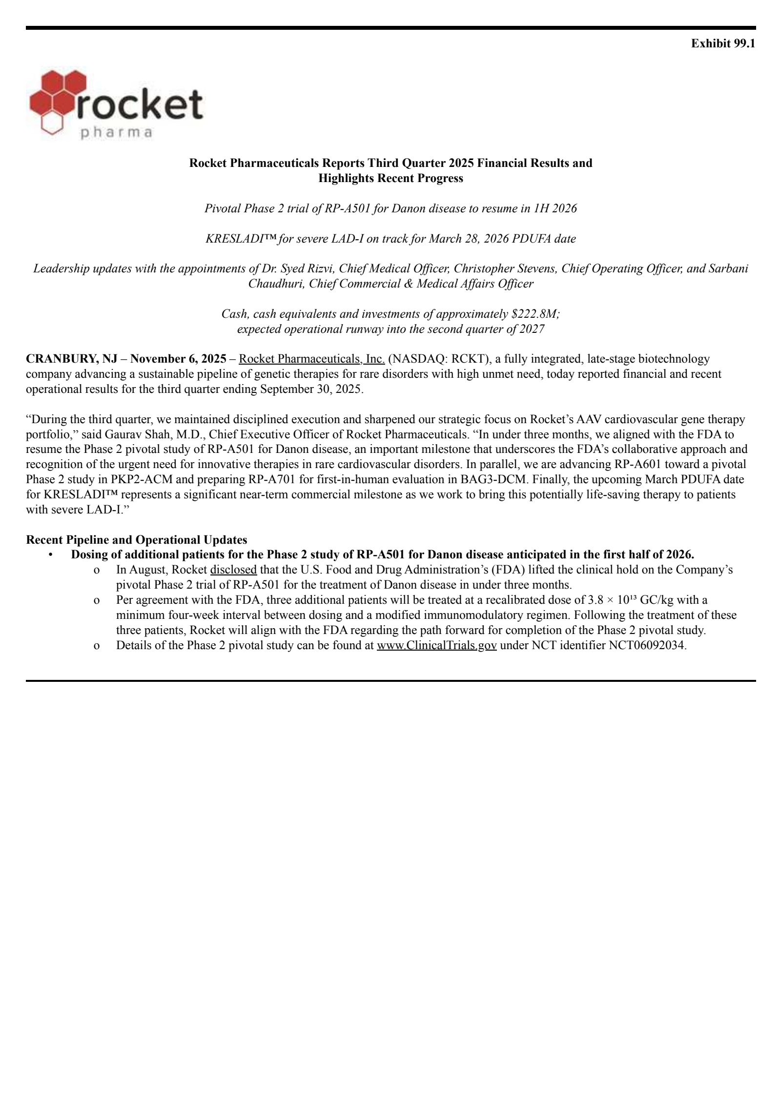 Rocket Pharmaceuticals' Q3 2025 Earnings Release
