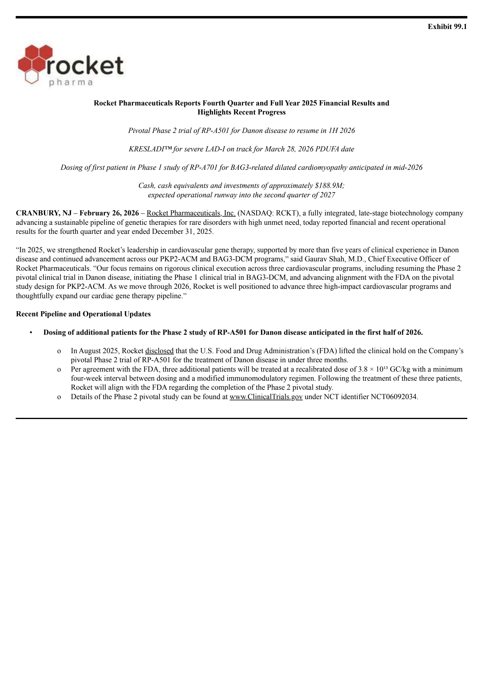 Rocket Pharmaceuticals' Q4 2025 Press Release