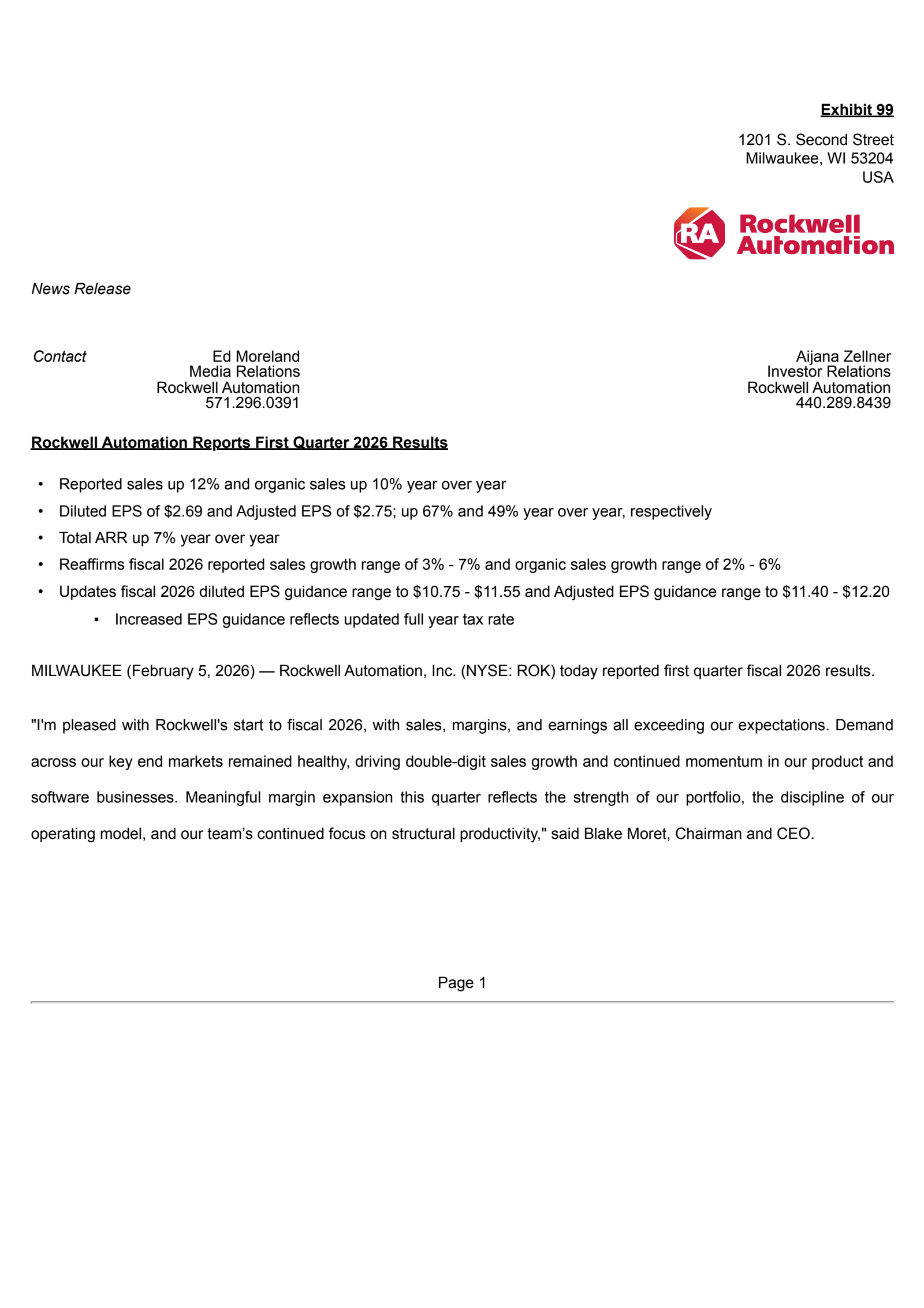 Rockwell Automation's Q1 2026 Press Release