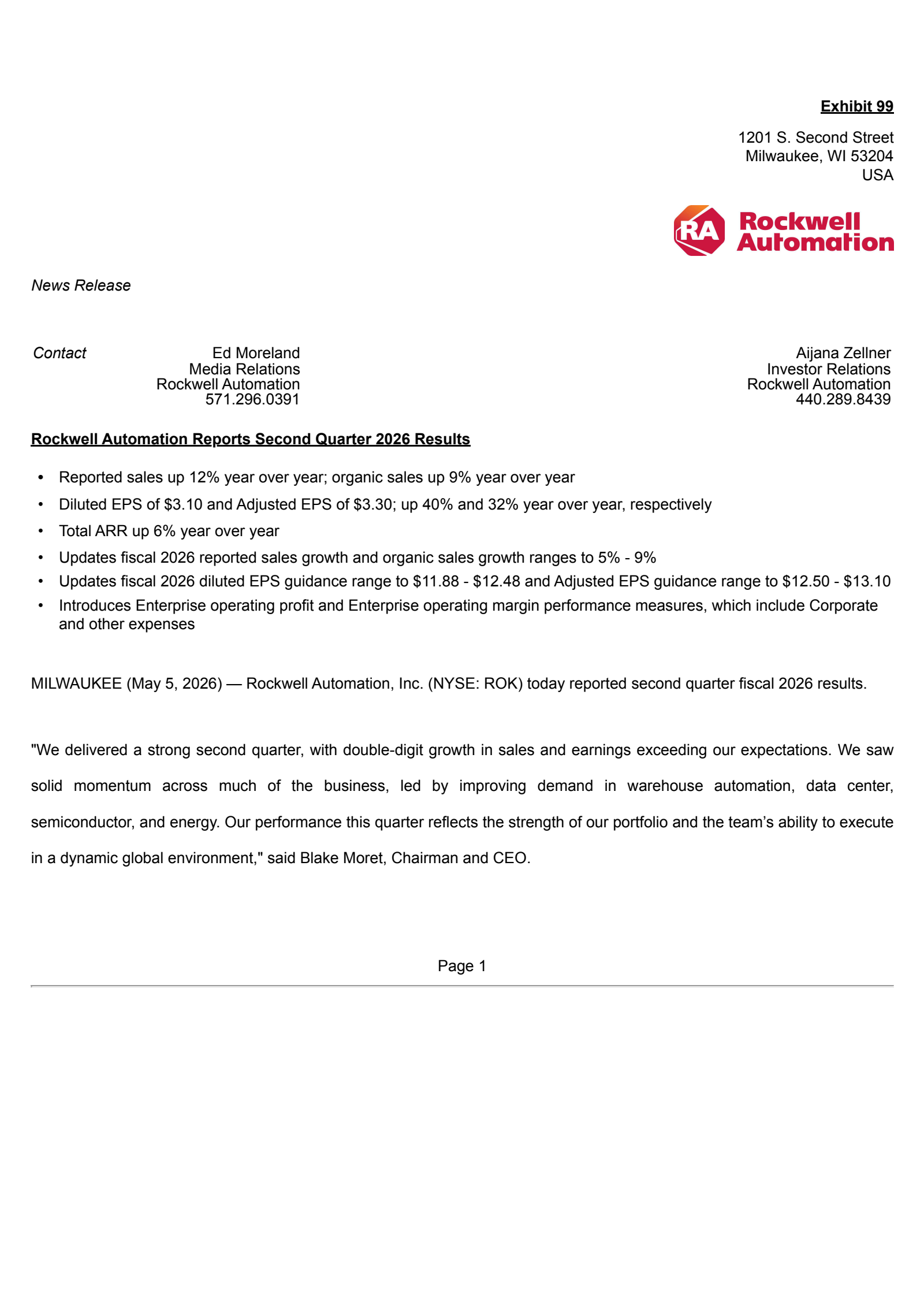 Rockwell Automation's Q2 2026 Press Release