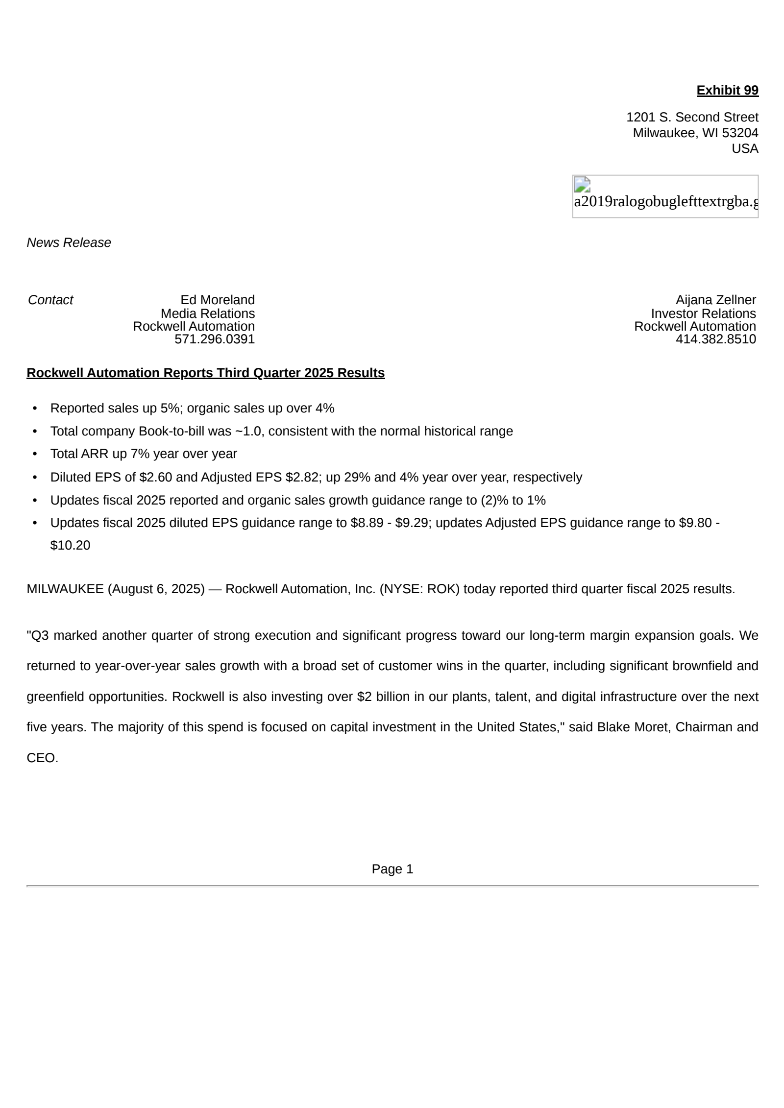 Rockwell Automation's Q3 2025 Press Release