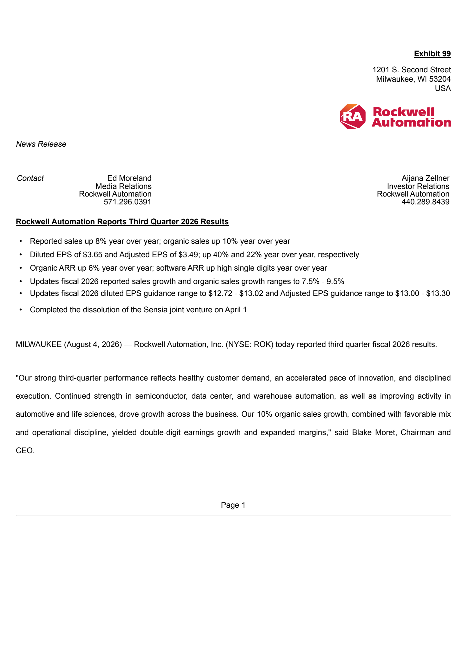 Rockwell Automation's Q3 2026 Press Release