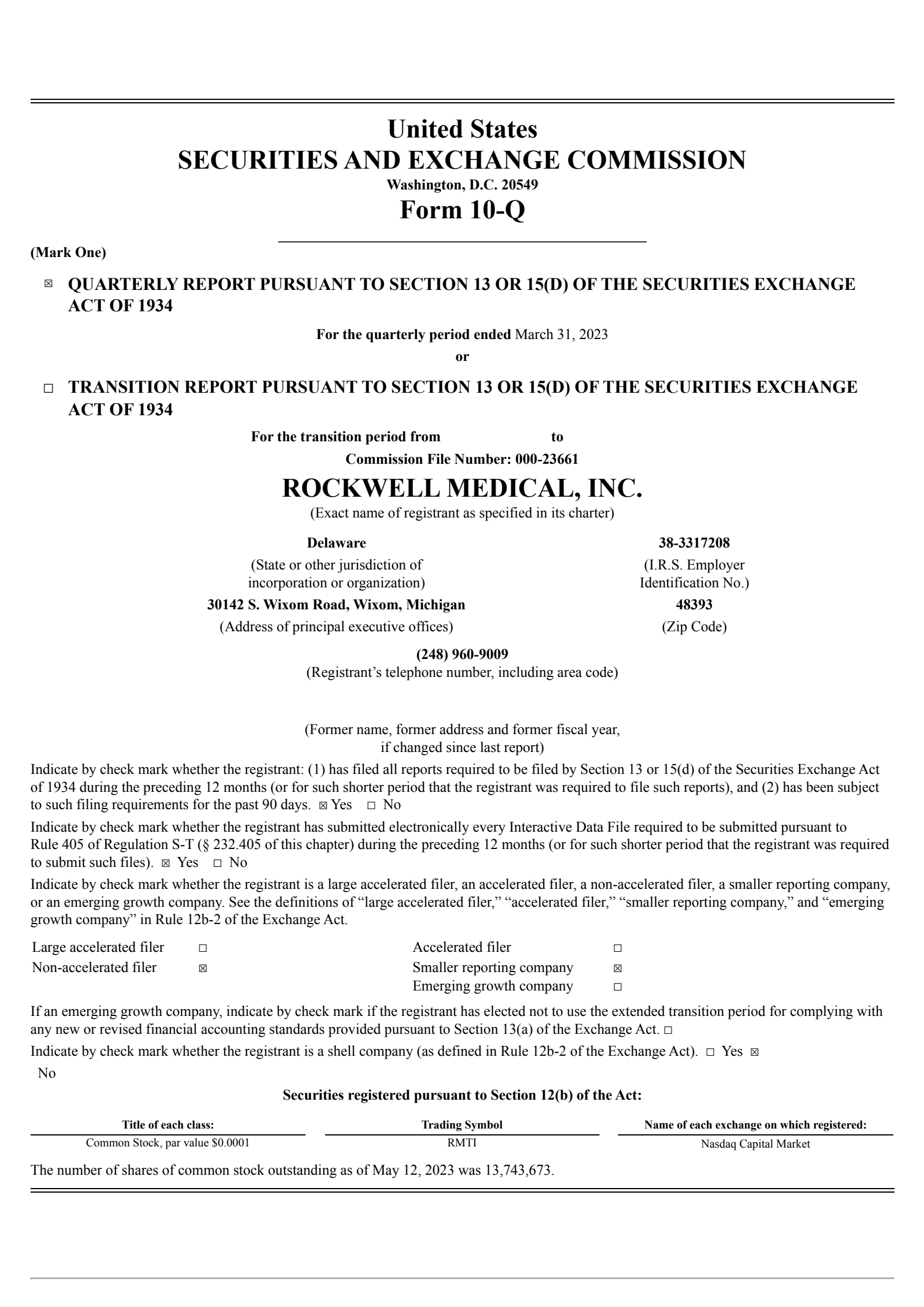 Rockwell Medical's Q1 2023 Quarterly report
