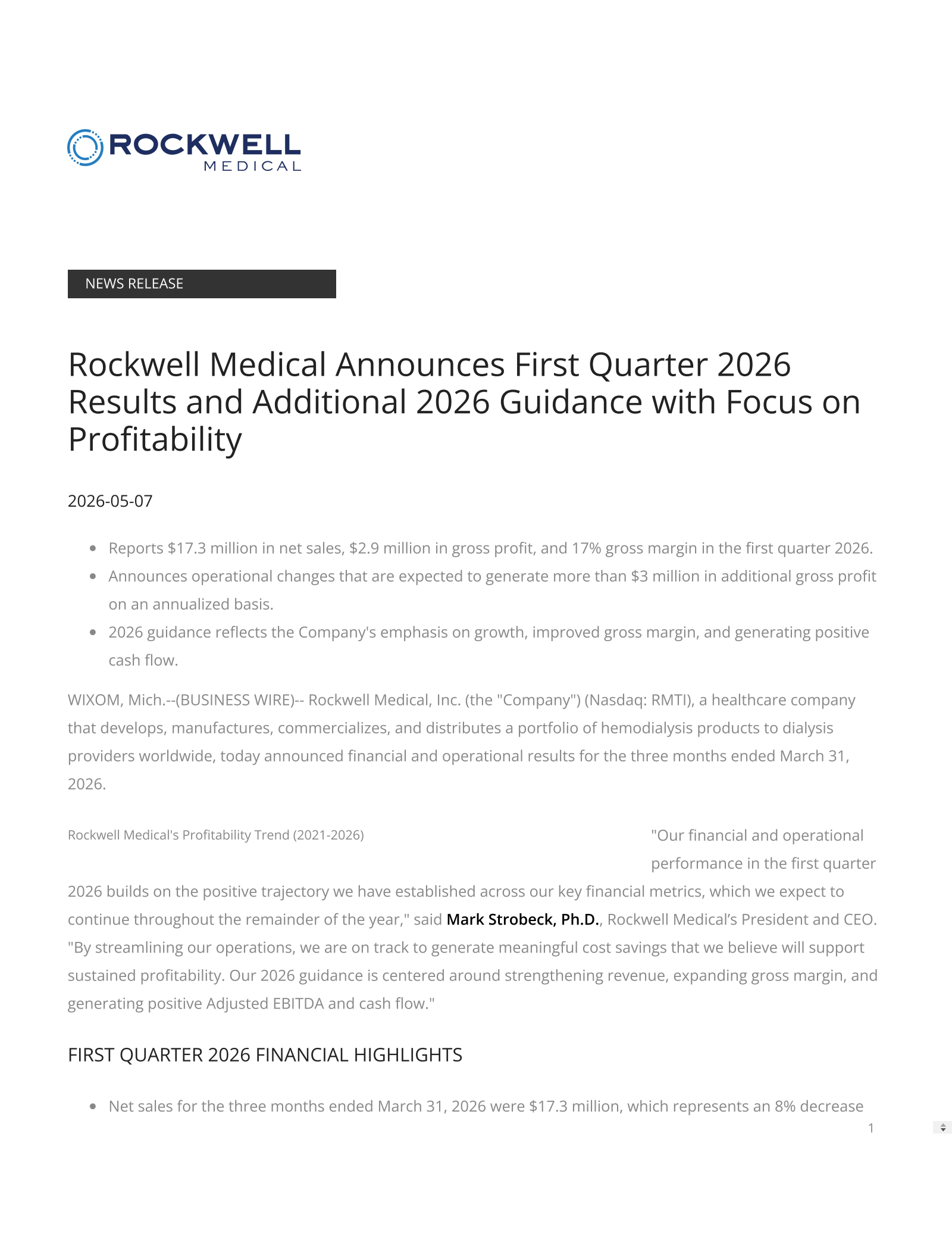 Rockwell Medical's Q1 2026 Press Release