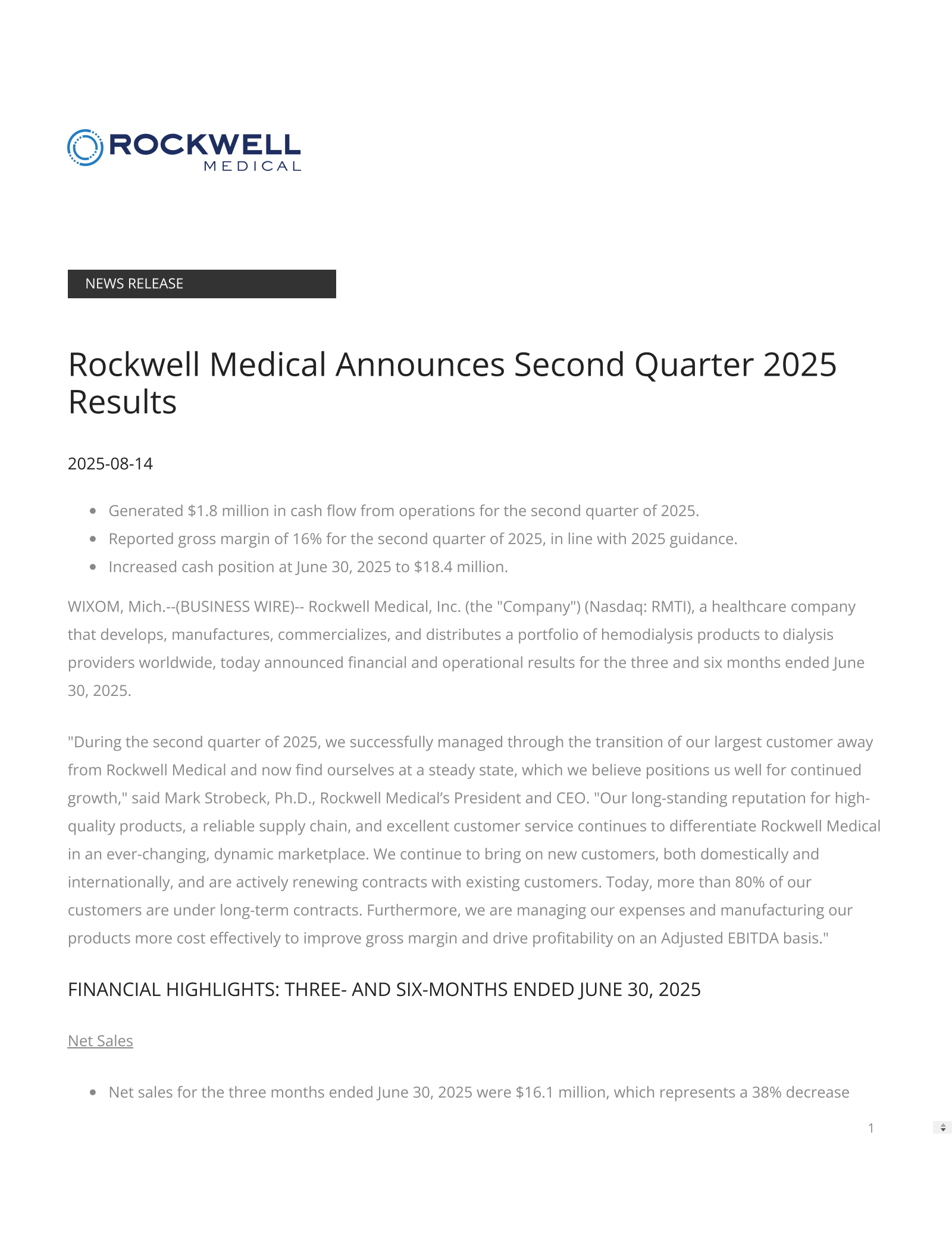 Rockwell Medical's Q2 2025 Press Release