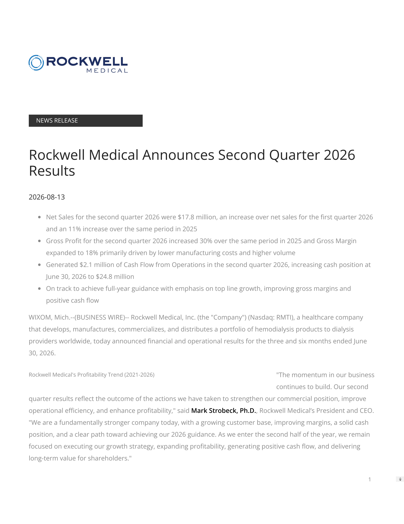 Rockwell Medical's Q2 2026 Press Release