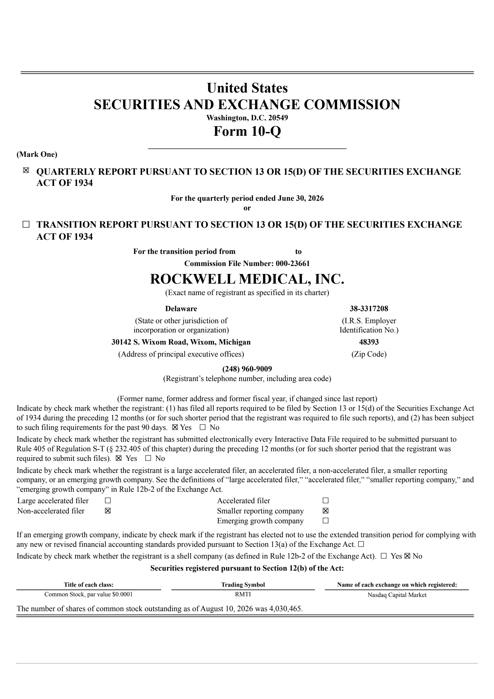 Rockwell Medical's Q2 2026 Quarterly report