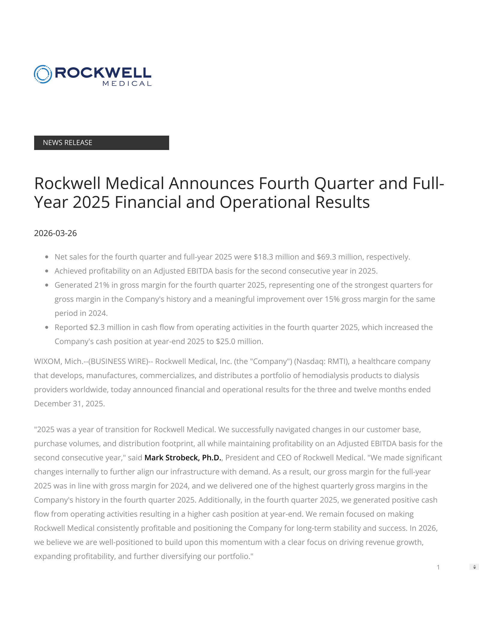 Rockwell Medical's Q4 2025 Press Release