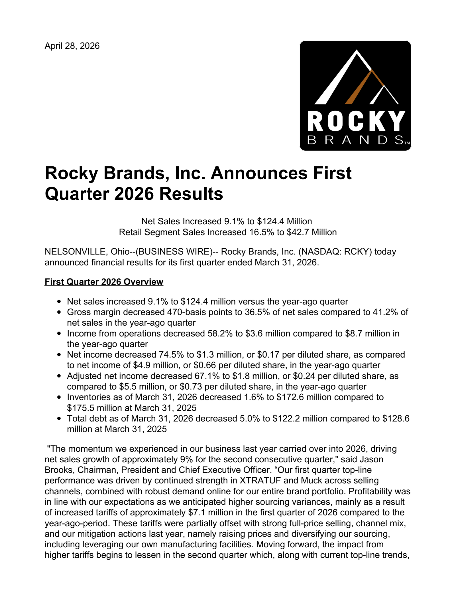 Rocky Brands' Q1 2026 Press Release
