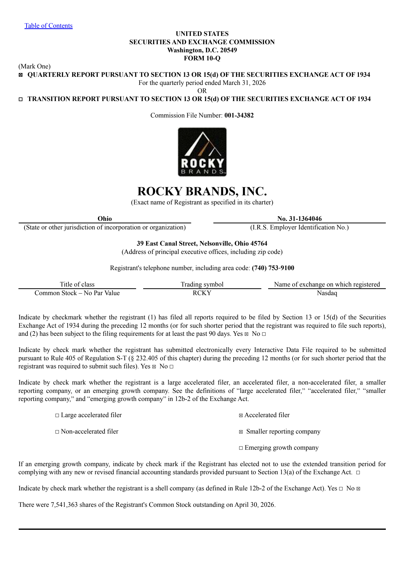 Rocky Brands' Q1 2026 Quarterly report