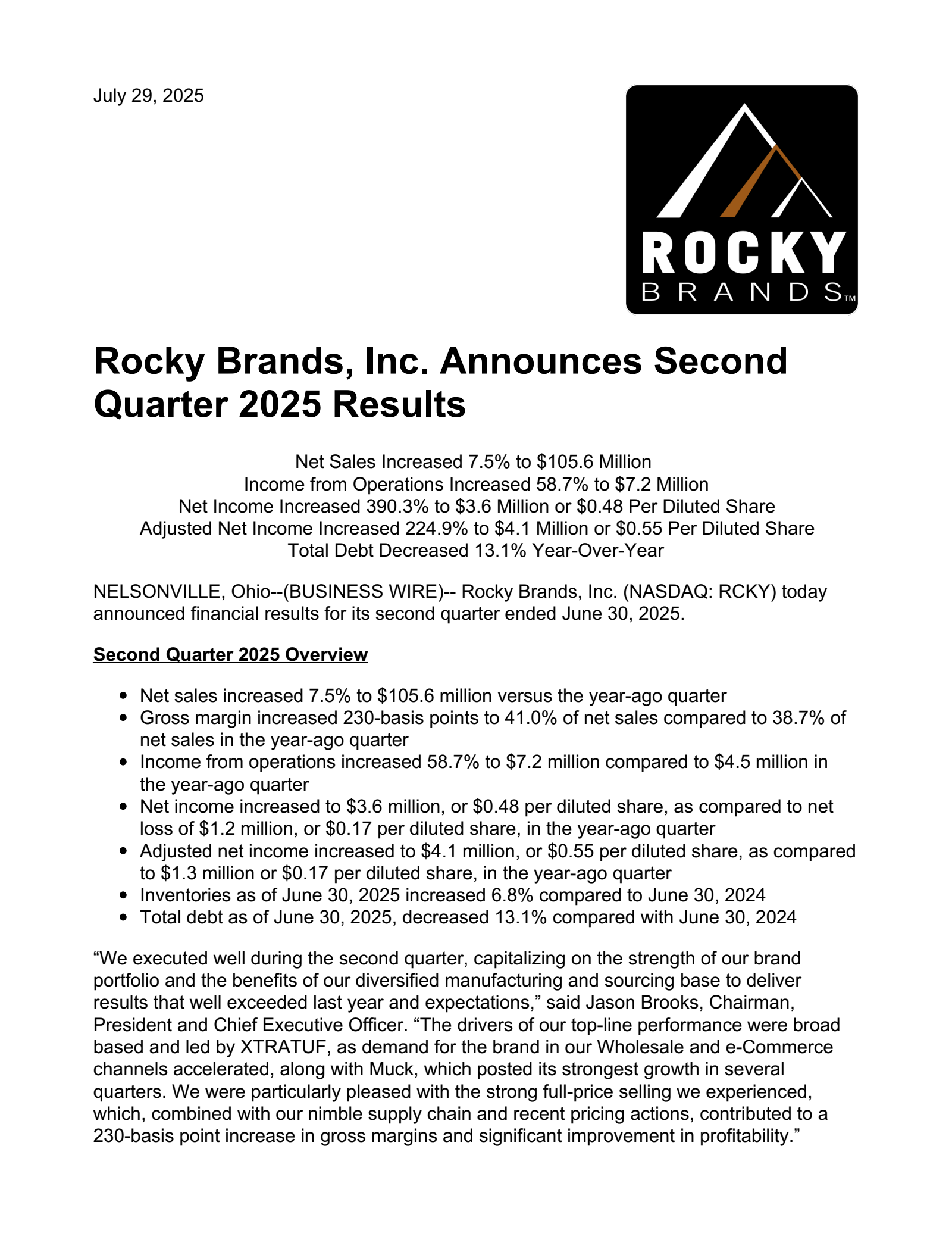 Rocky Brands' Q2 2025 Press Release
