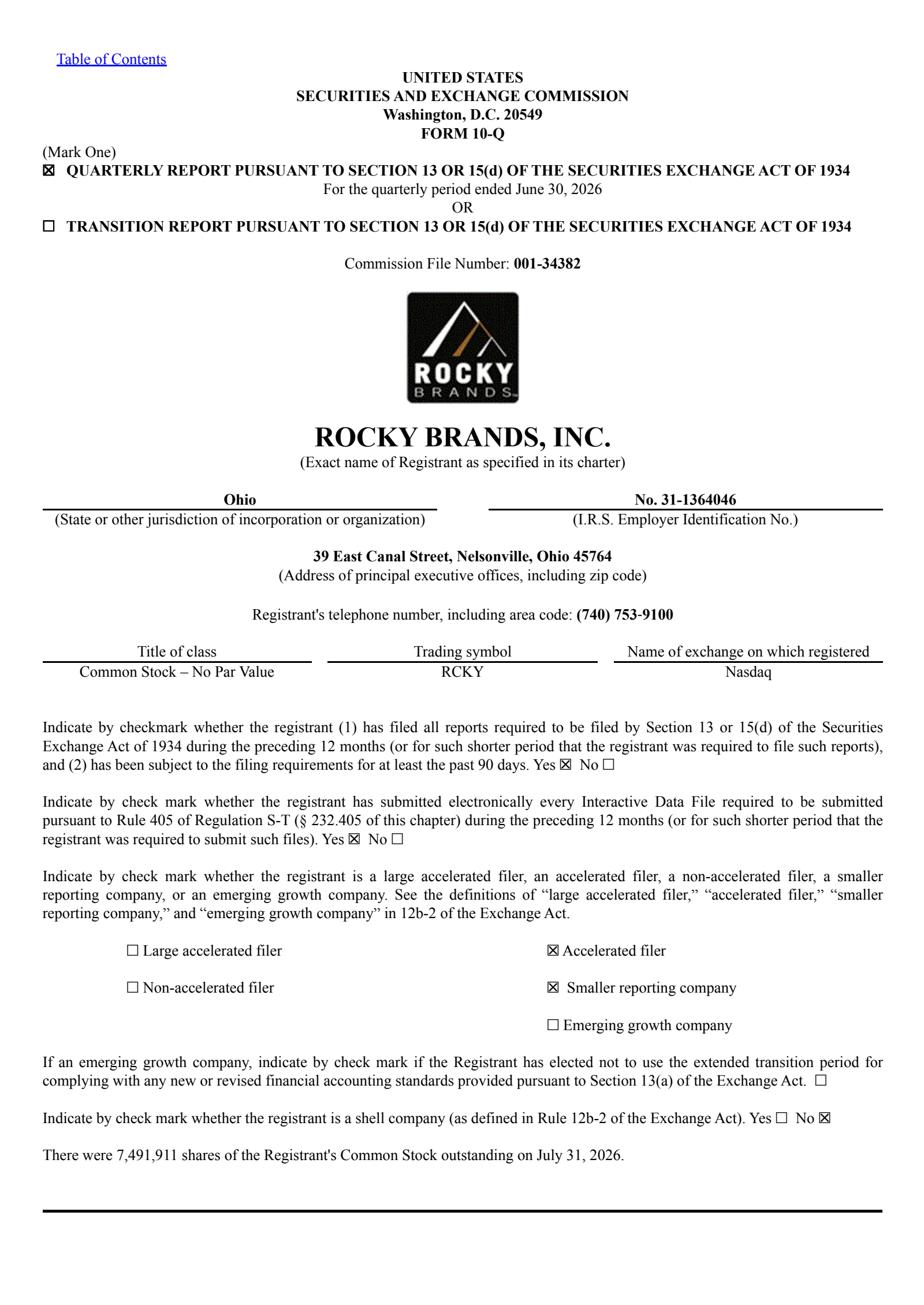 Rocky Brands' Q2 2026 Quarterly report