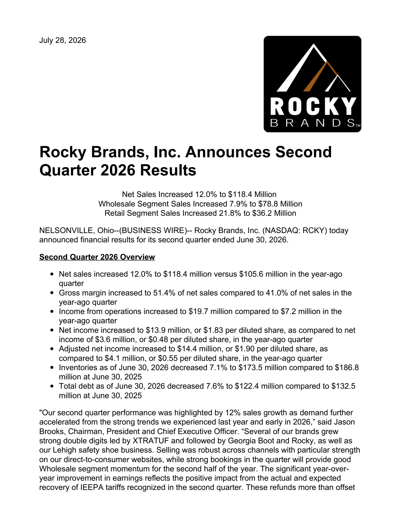 Rocky Brands' Q2 2026 Press Release