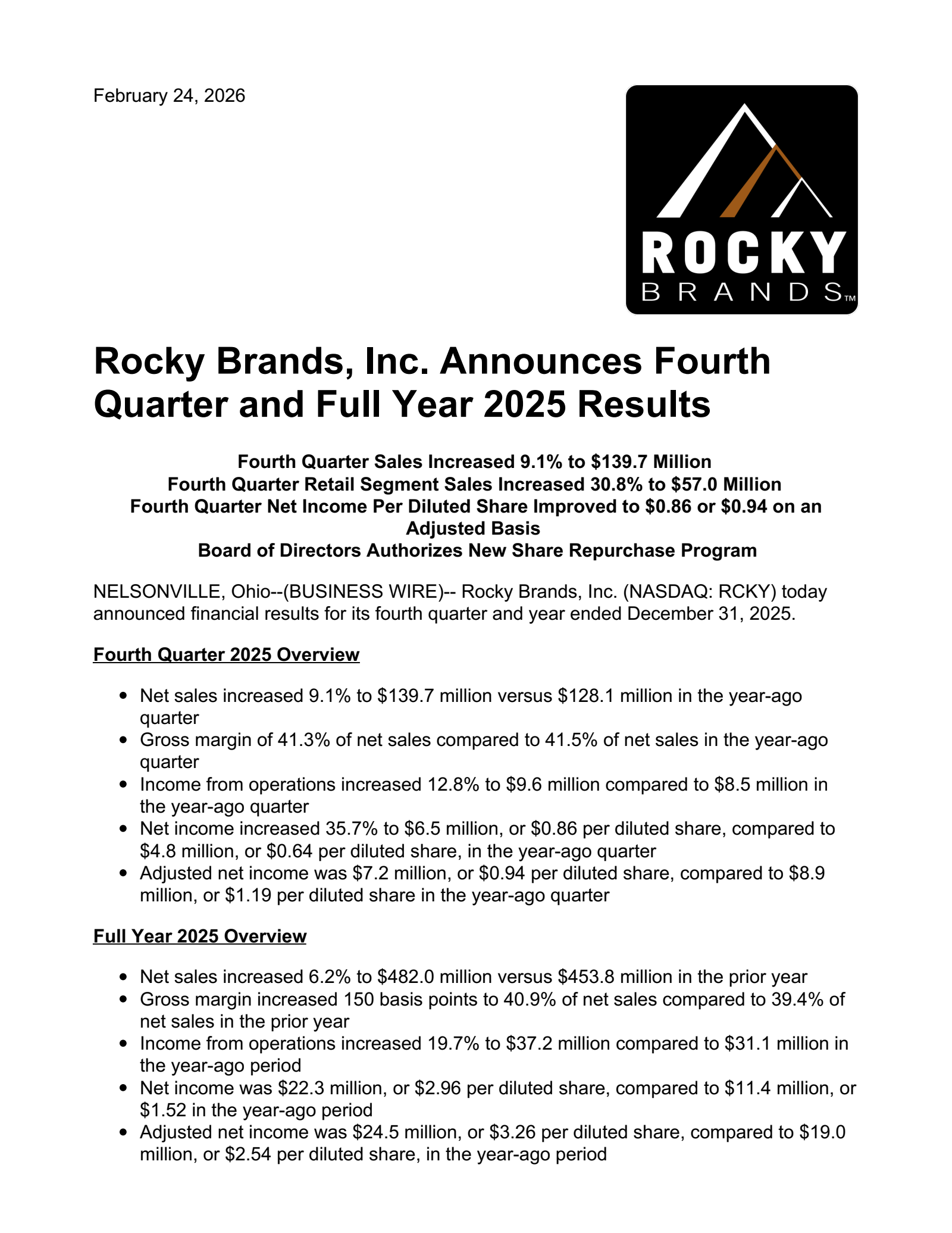 Rocky Brands' Q4 2025 Press Release