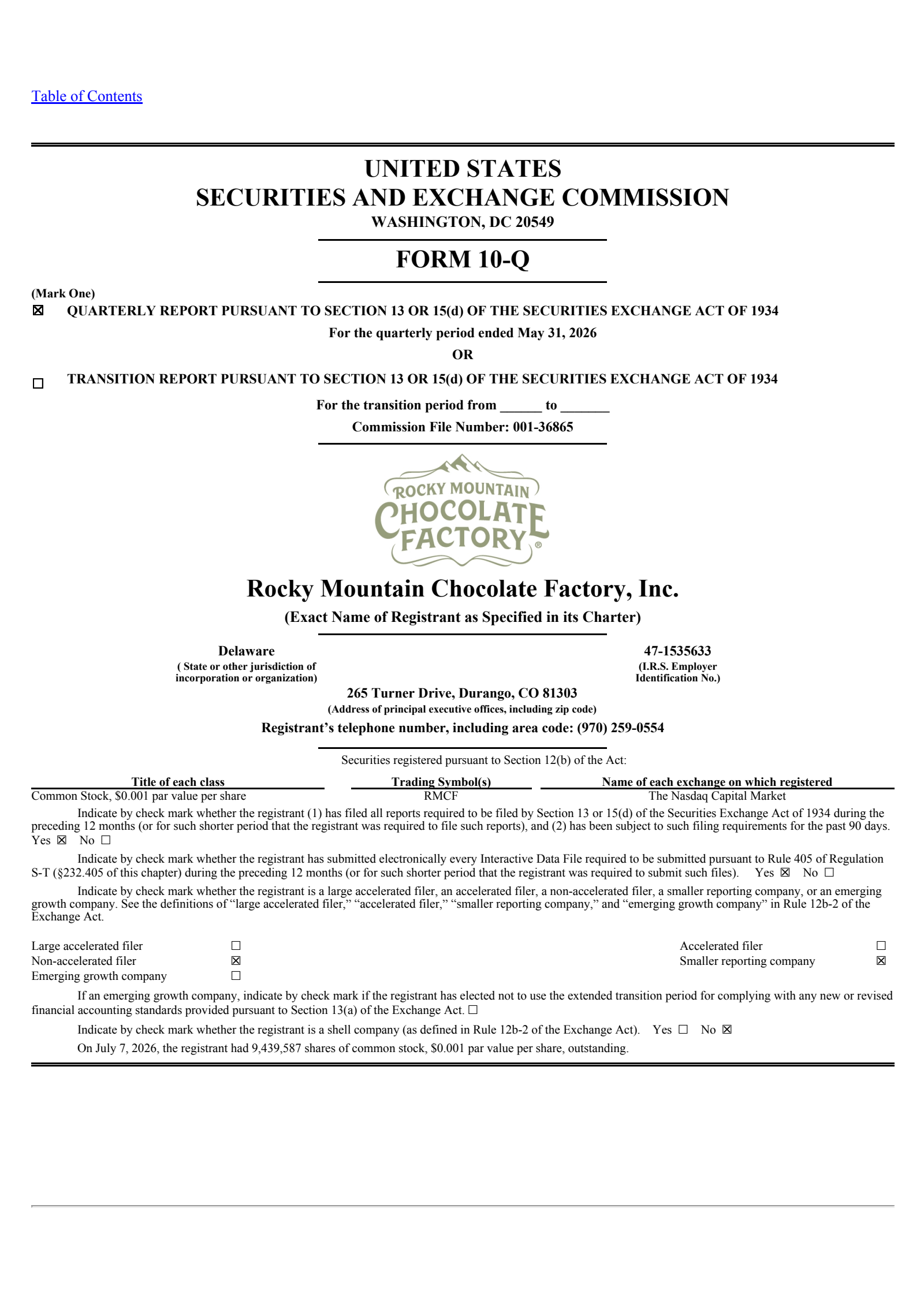Rocky Mountain Chocolate Factory's Q1 2027 Quarterly report
