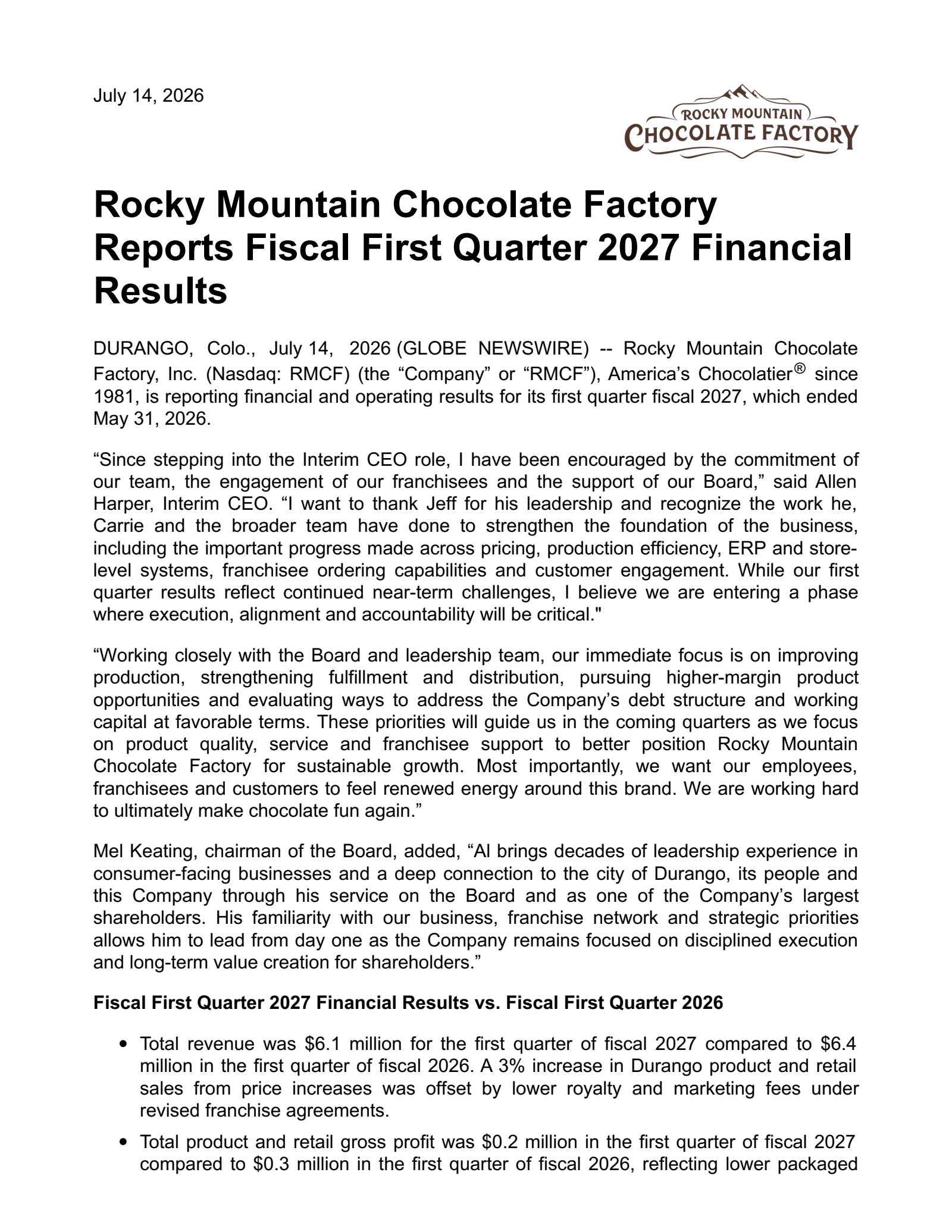 Rocky Mountain Chocolate Factory's Q1 2027 Press Release