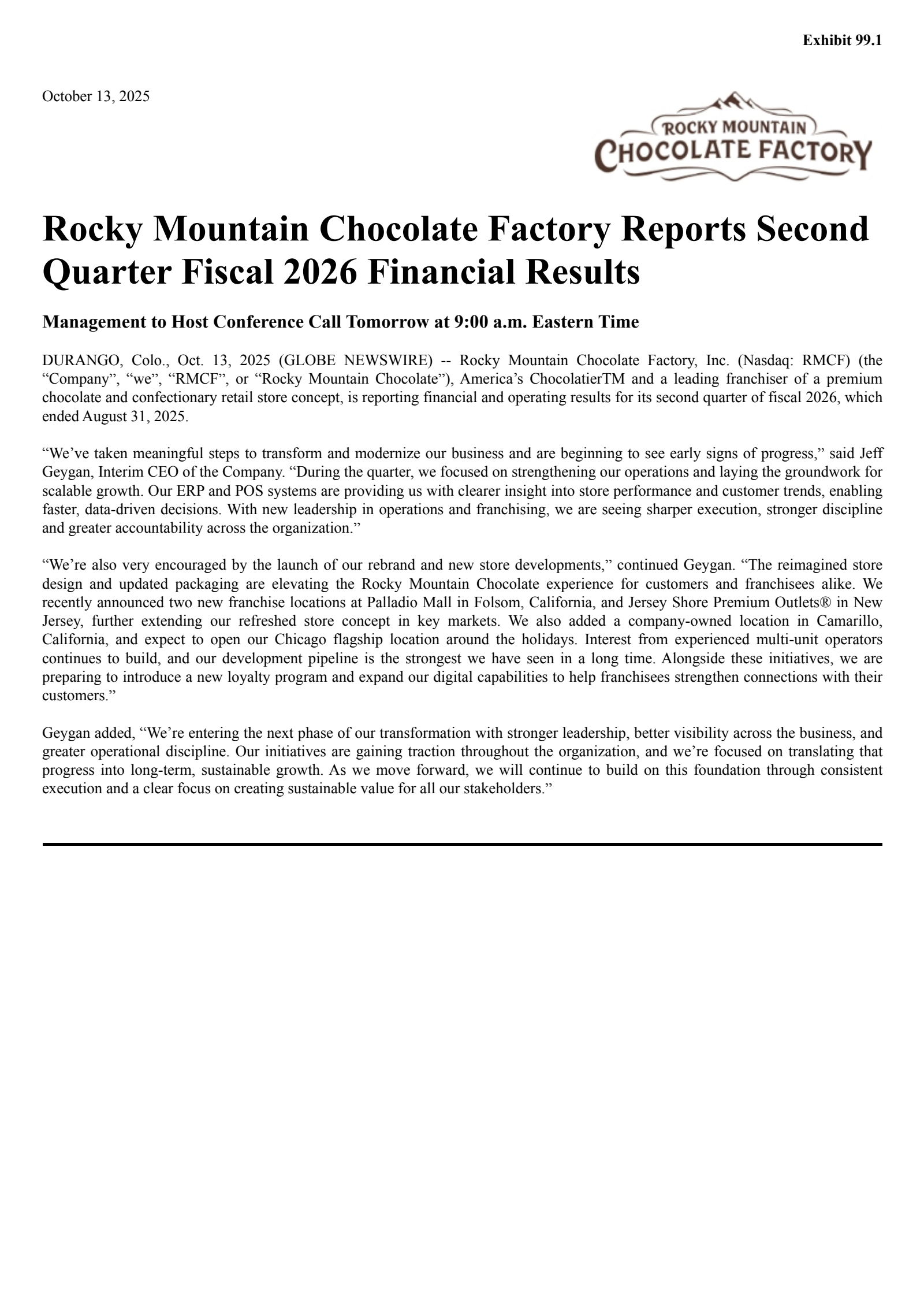 Rocky Mountain Chocolate Factory's Q2 2026 Earnings Release