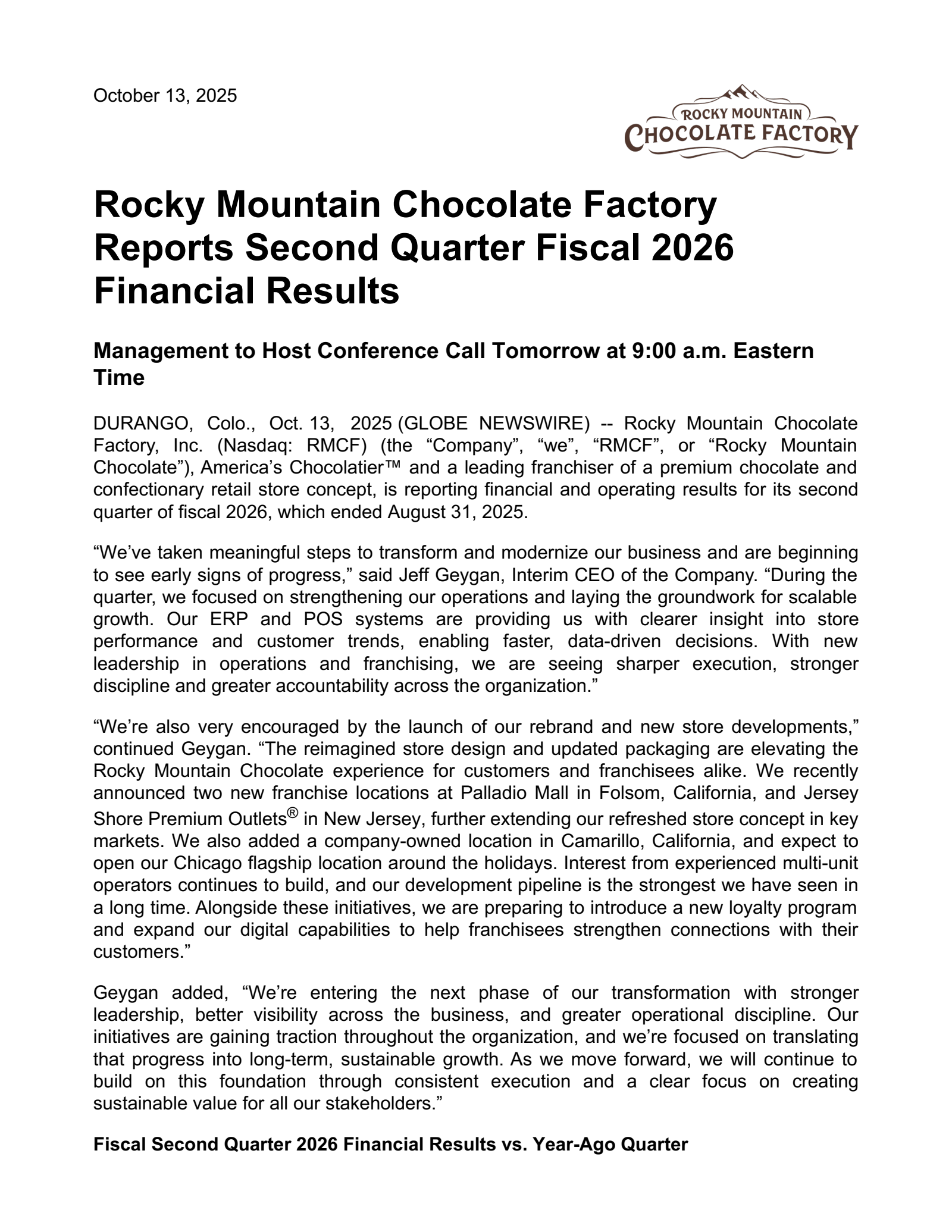 Rocky Mountain Chocolate Factory's Q2 2026 Earnings Release