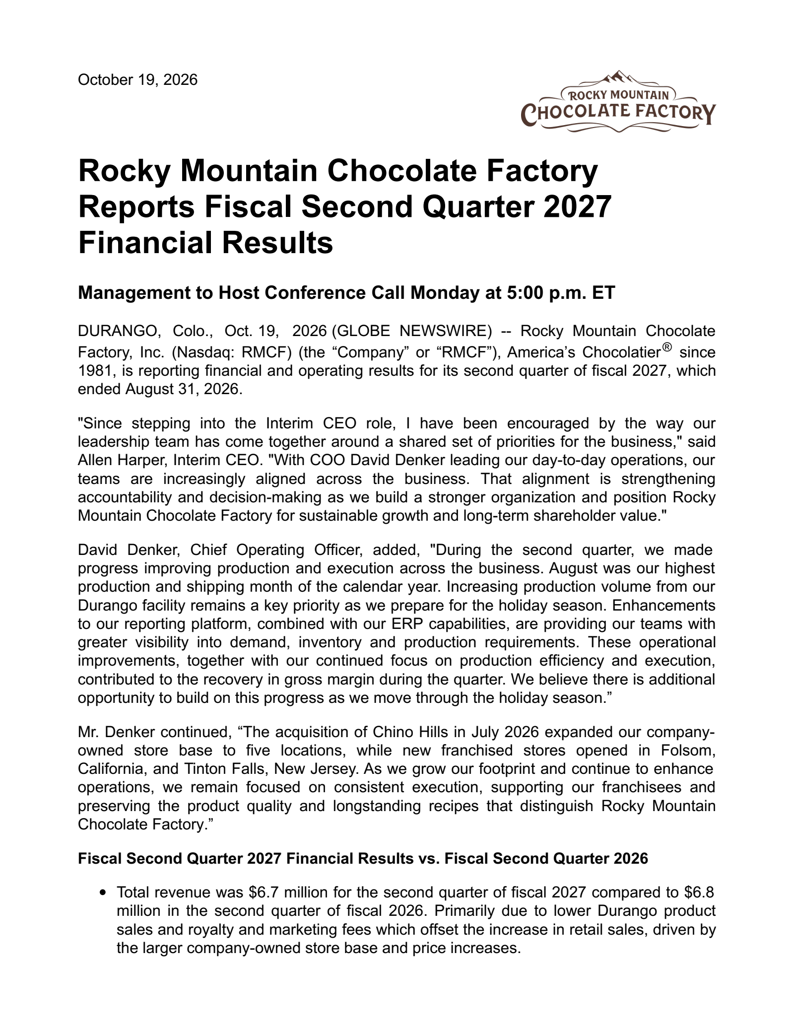 Rocky Mountain Chocolate Factory's Q2 2027 Press Release