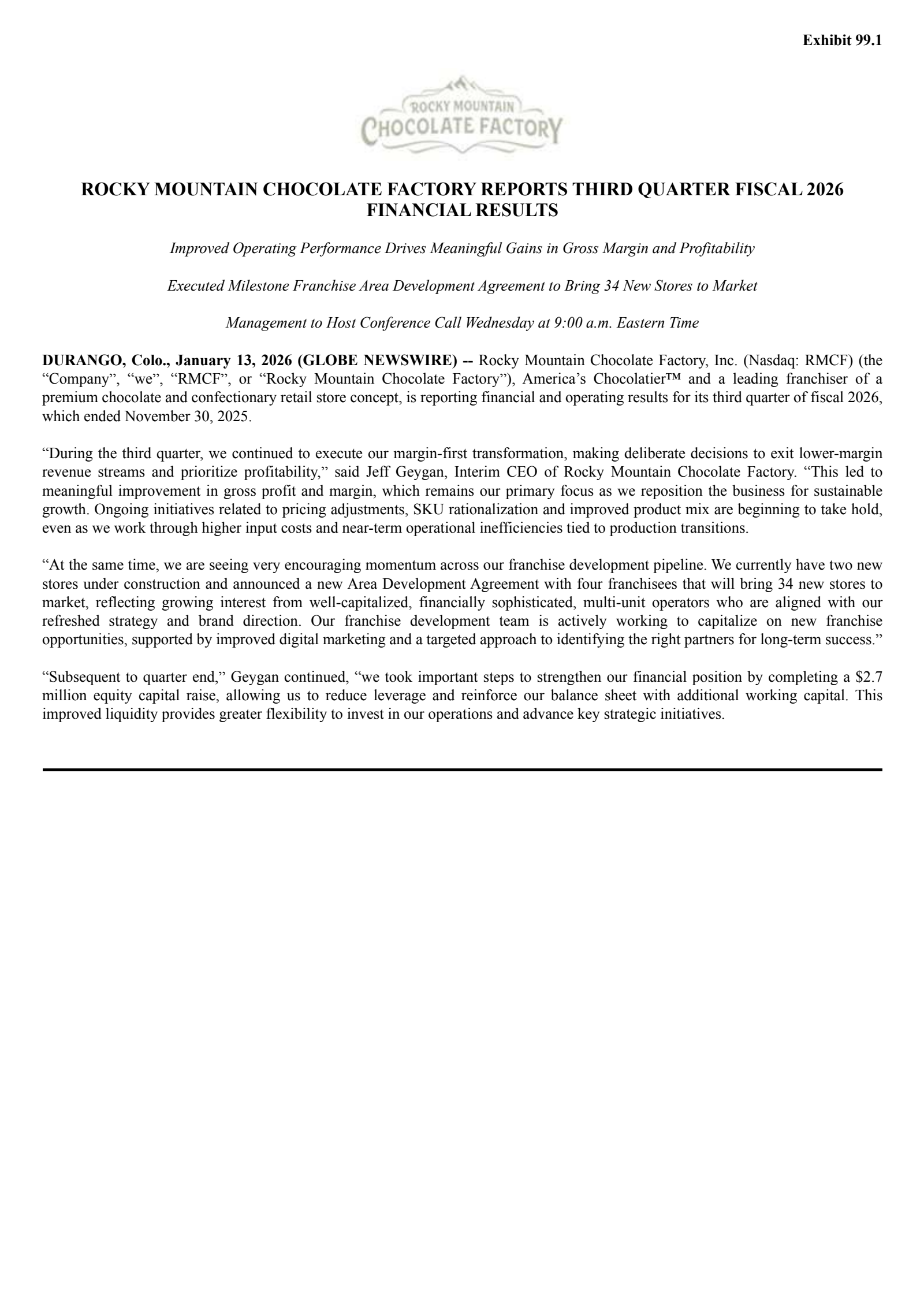 Rocky Mountain Chocolate Factory's Q3 2026 Press Release